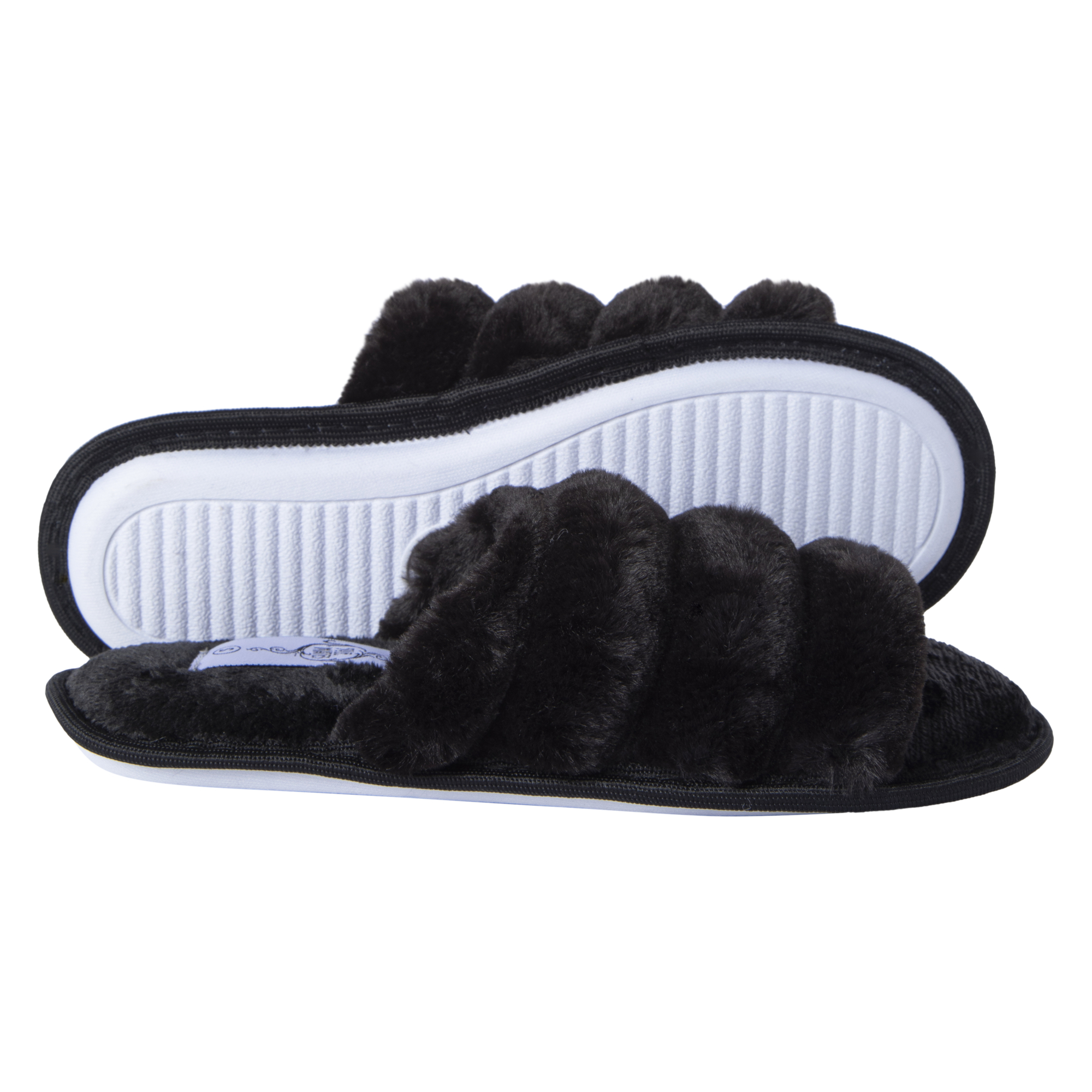 Ladies Ribbed Faux Fur Slide Slippers