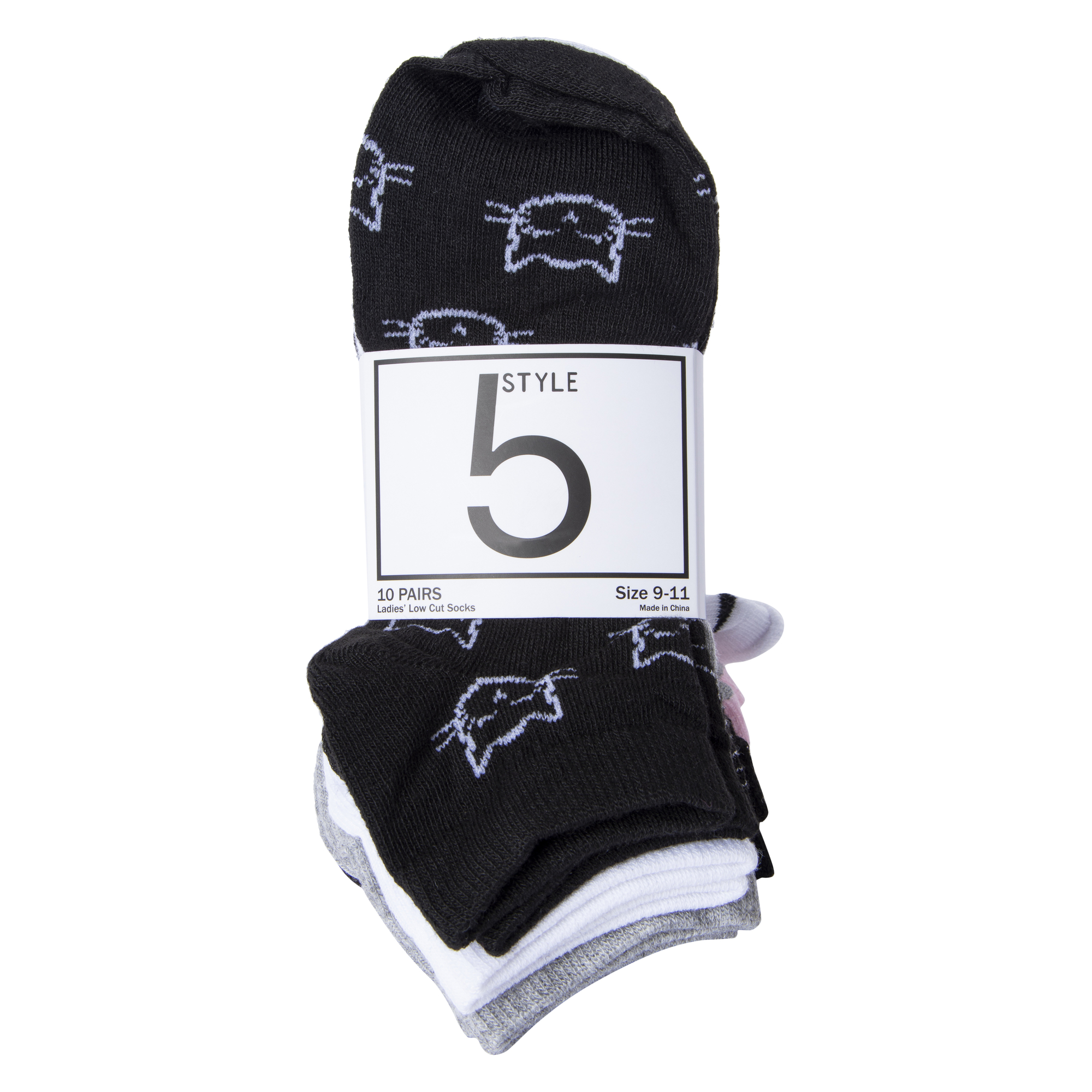 Ladies Cat Faces & Stripes Low-Cut Socks 10-Pack