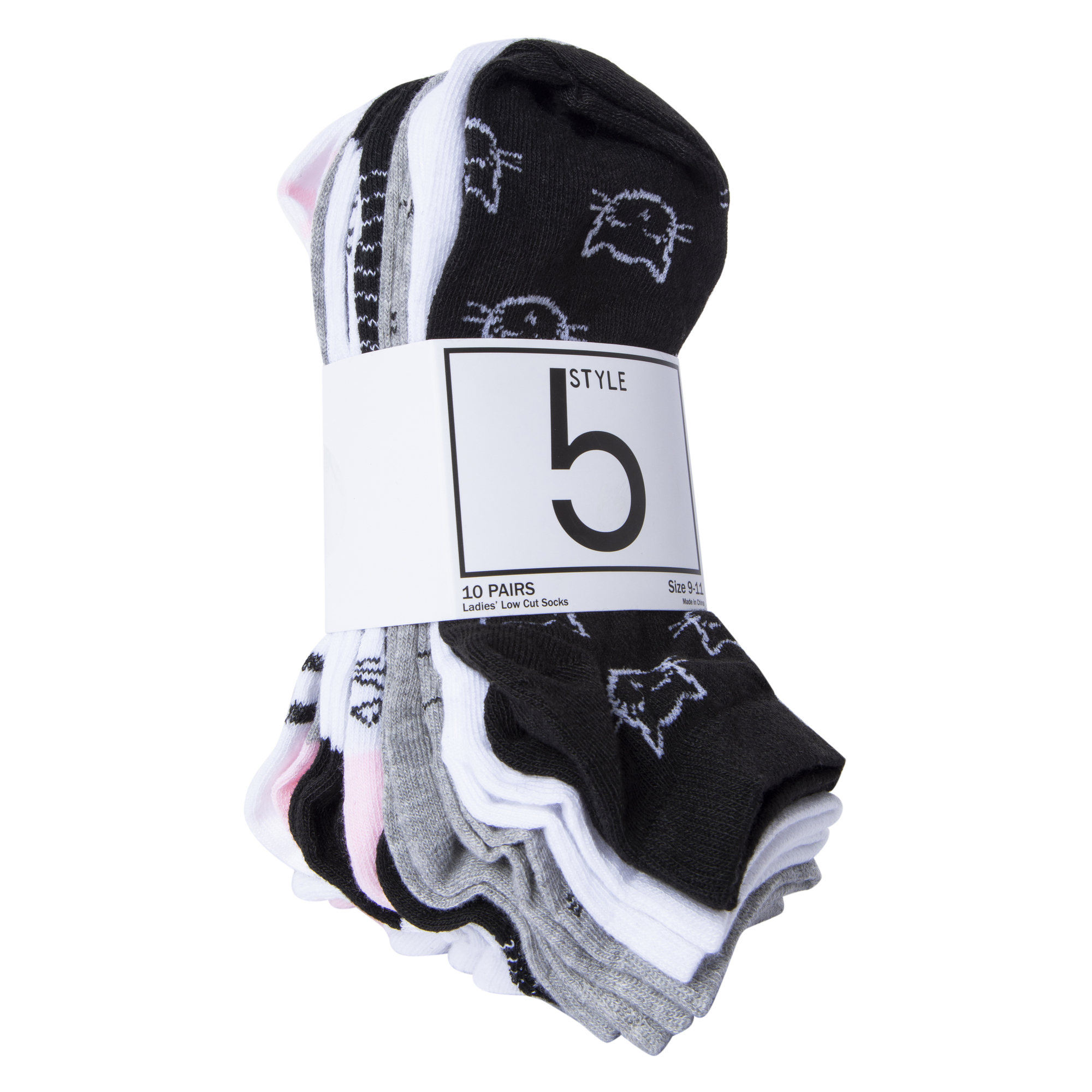 Ladies Cat Faces & Stripes Low-Cut Socks 10-Pack