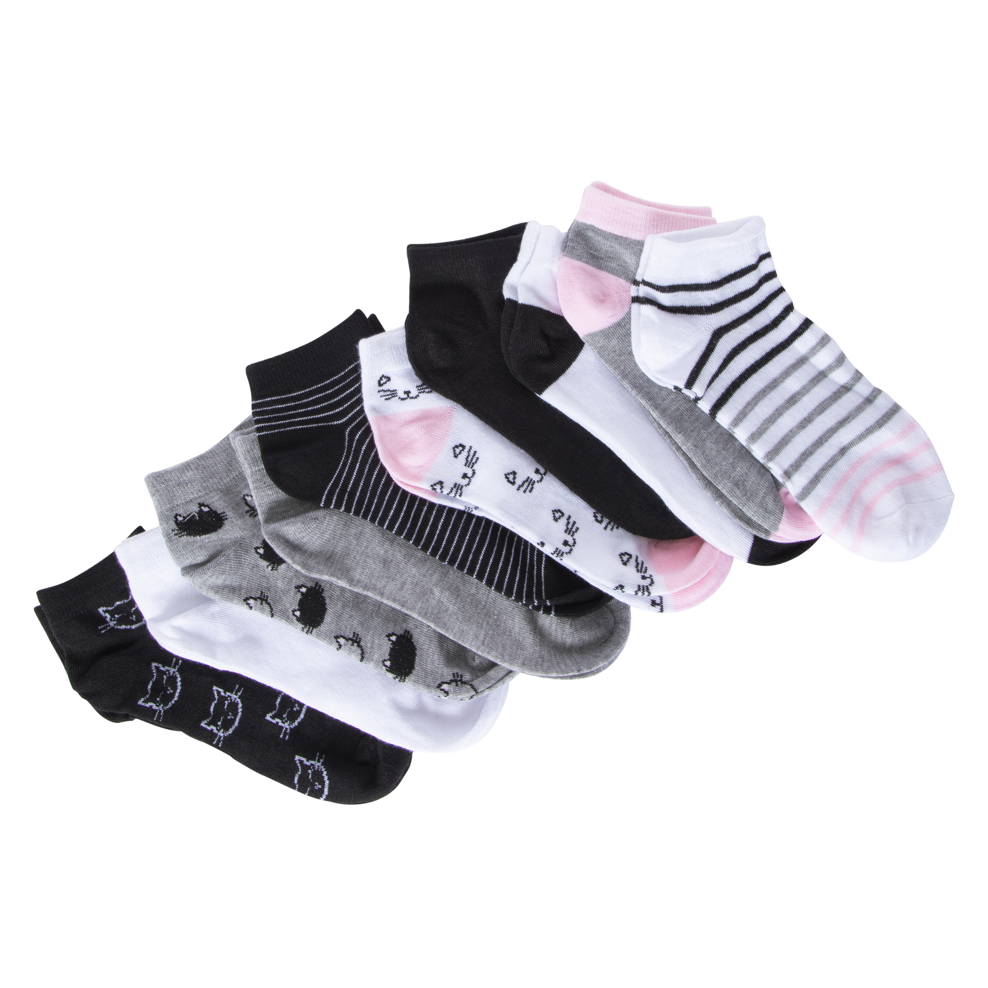 Ladies Cat Faces & Stripes Low-Cut Socks 10-Pack