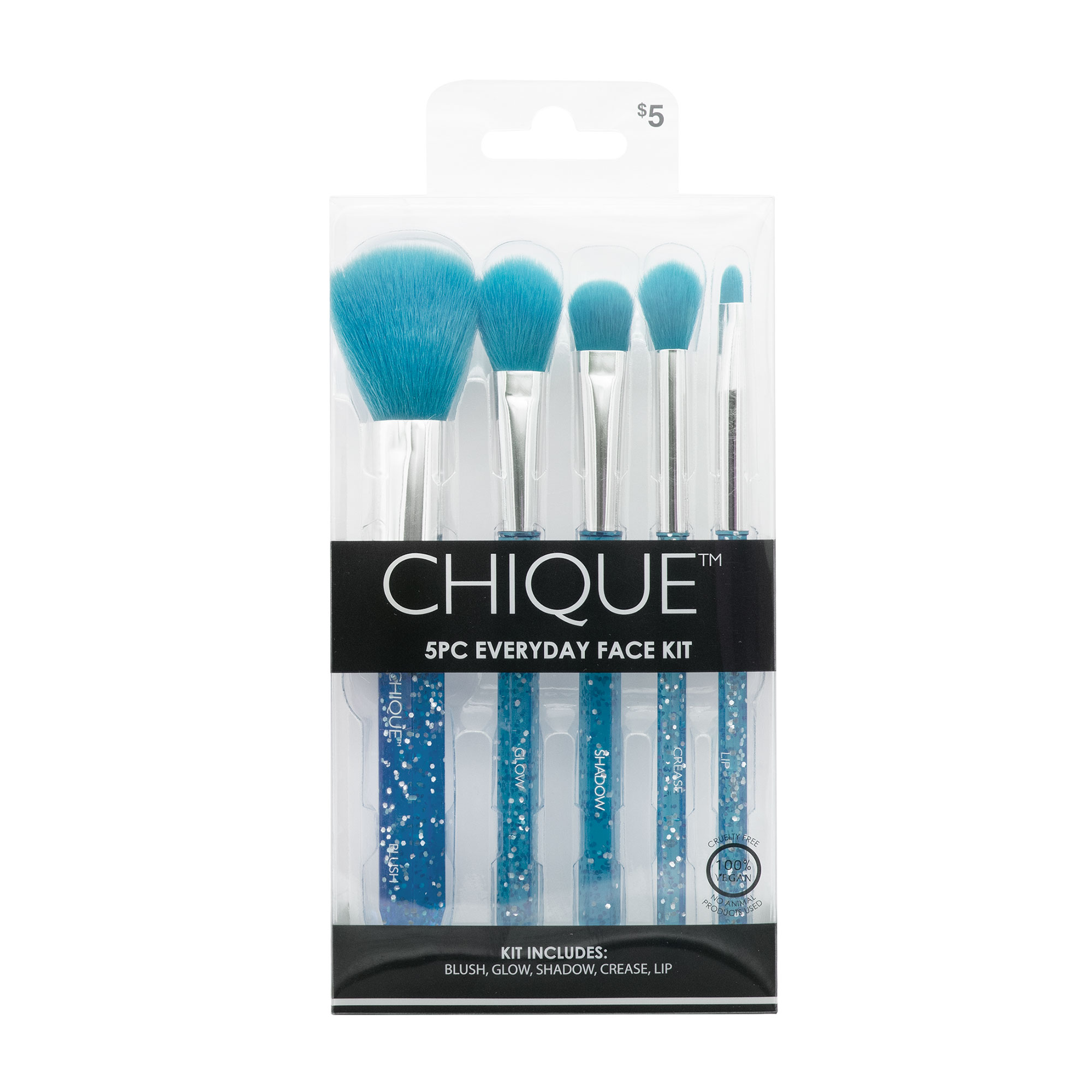 Chique™ Everyday Makeup Brushes 5-Piece Set - Blue Glitter
