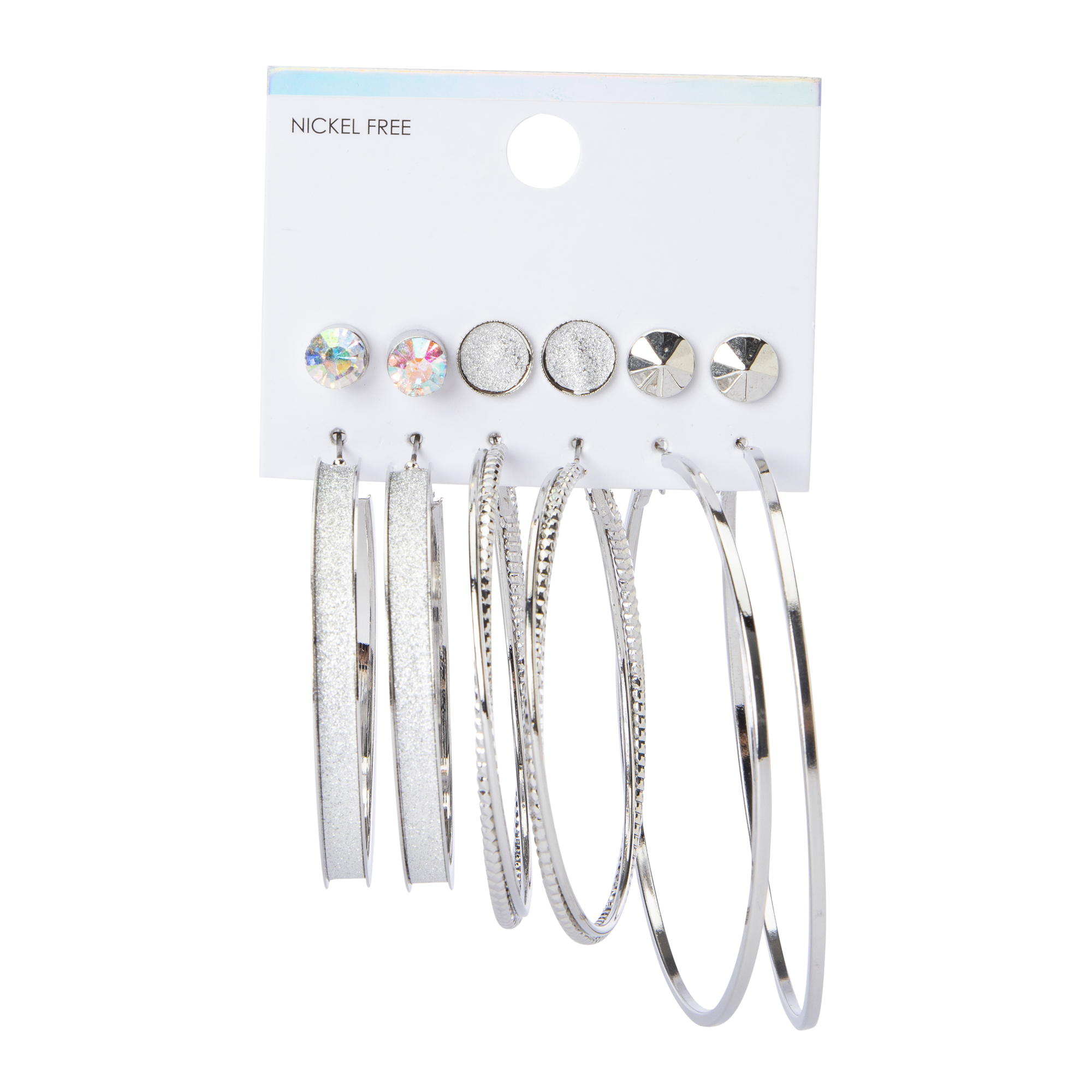 Silver Glitter Studs & Hoops Earrings Set, 6 Pairs