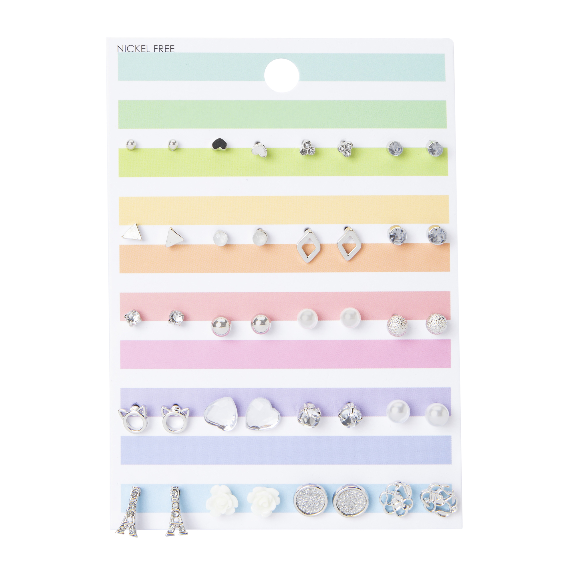 Pastel Stripe Silver Stud Earrings Set, 20 Pairs