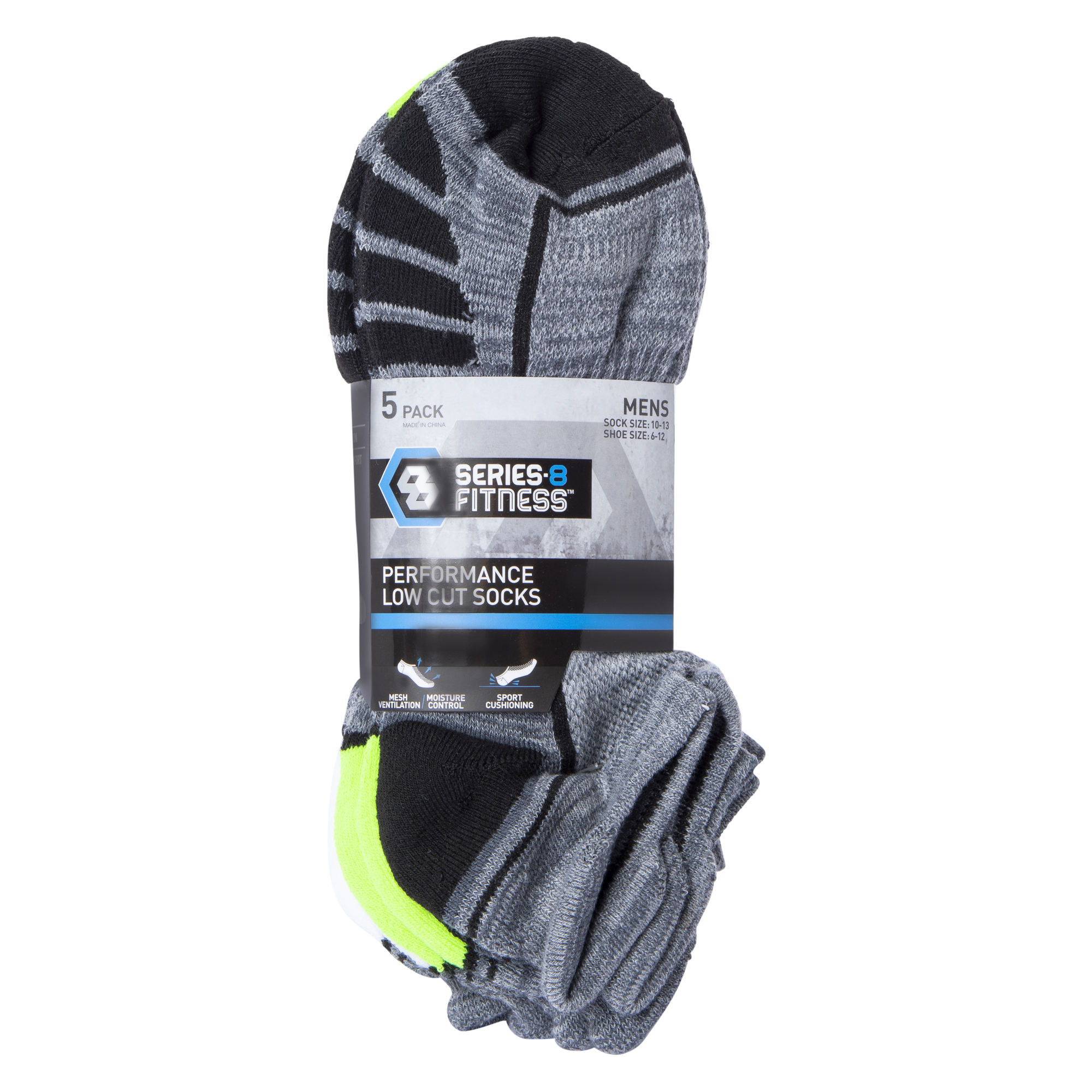Series-8 Fitness™ Men's Low-Cut Performance Socks, Black & Gray 5-Pack