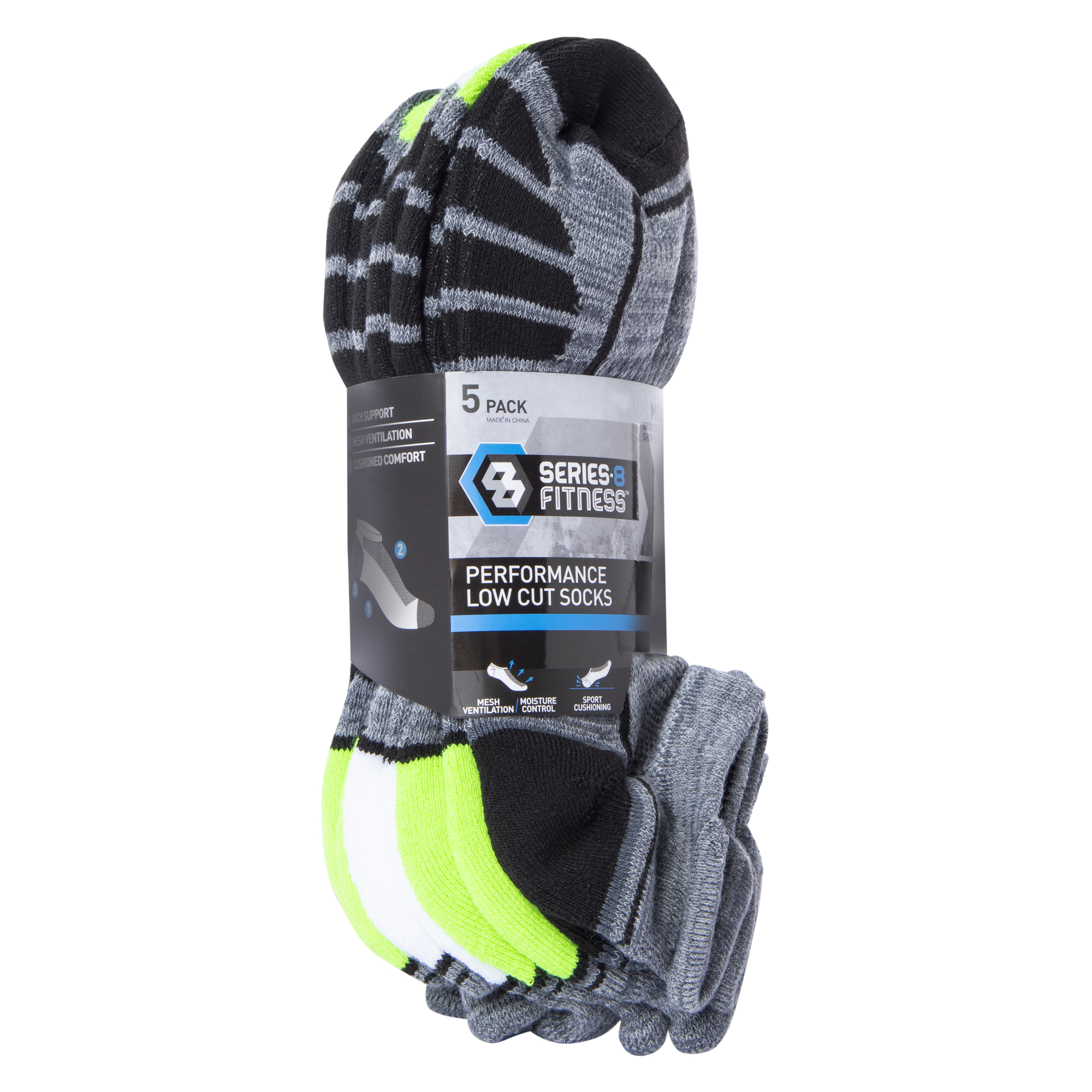 Series-8 Fitness™ Men's Low-Cut Performance Socks, Black & Gray 5-Pack