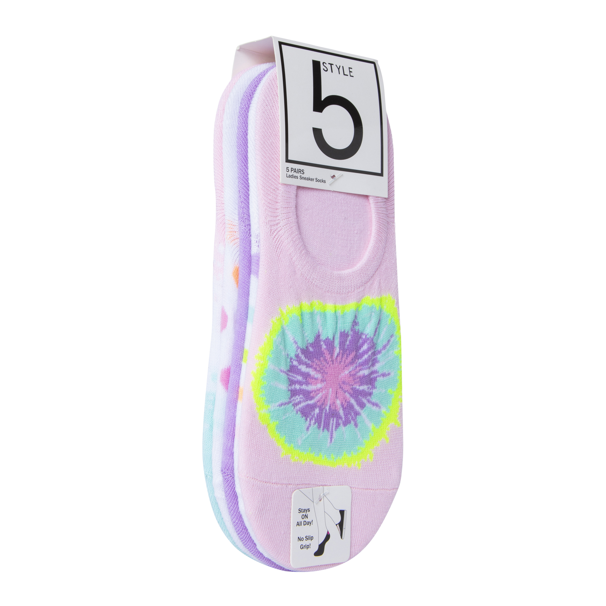 Ladies Tie Dye No-Show Sneaker Socks 5-Pack