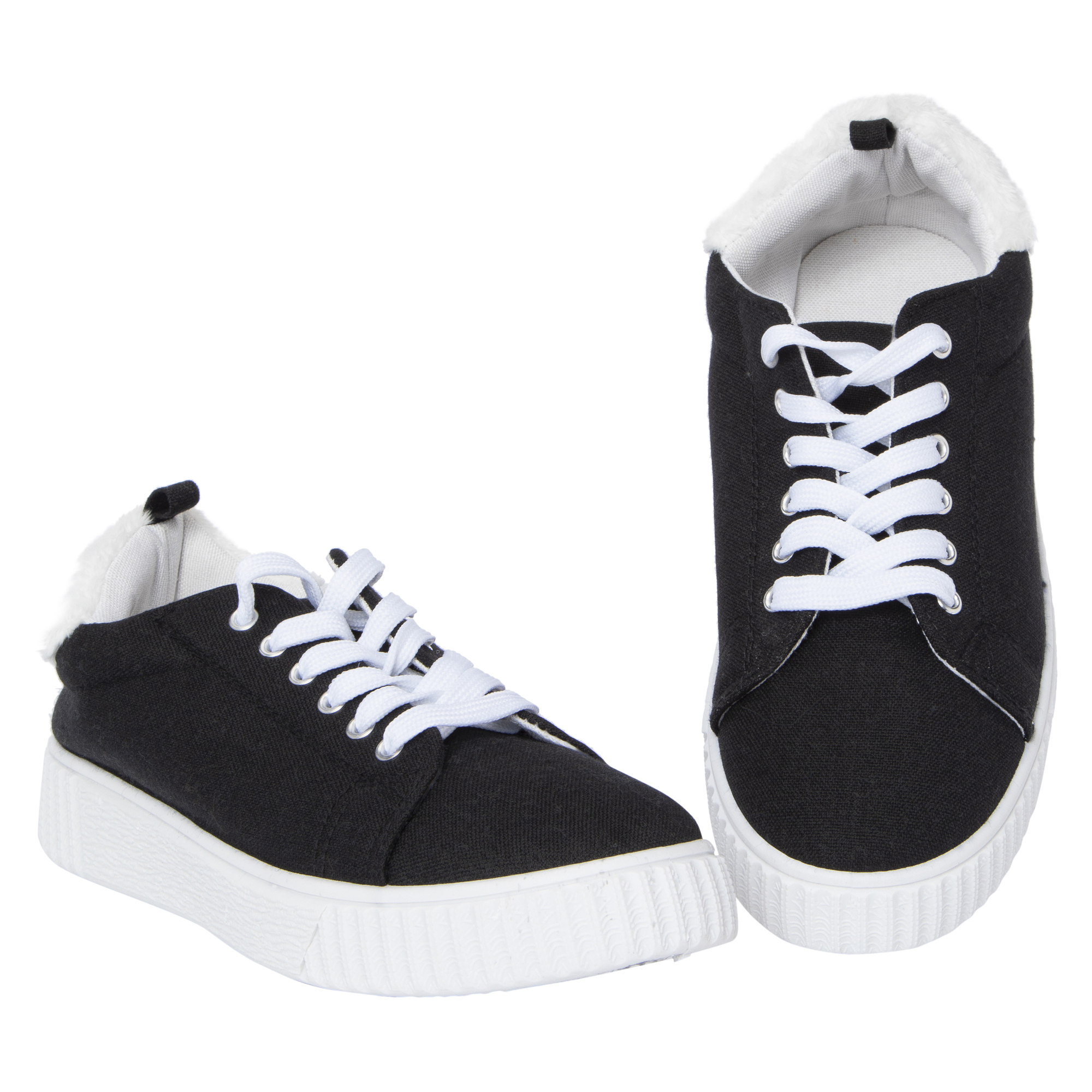 Ladies Black & White Sneakers With Faux Fur Trim