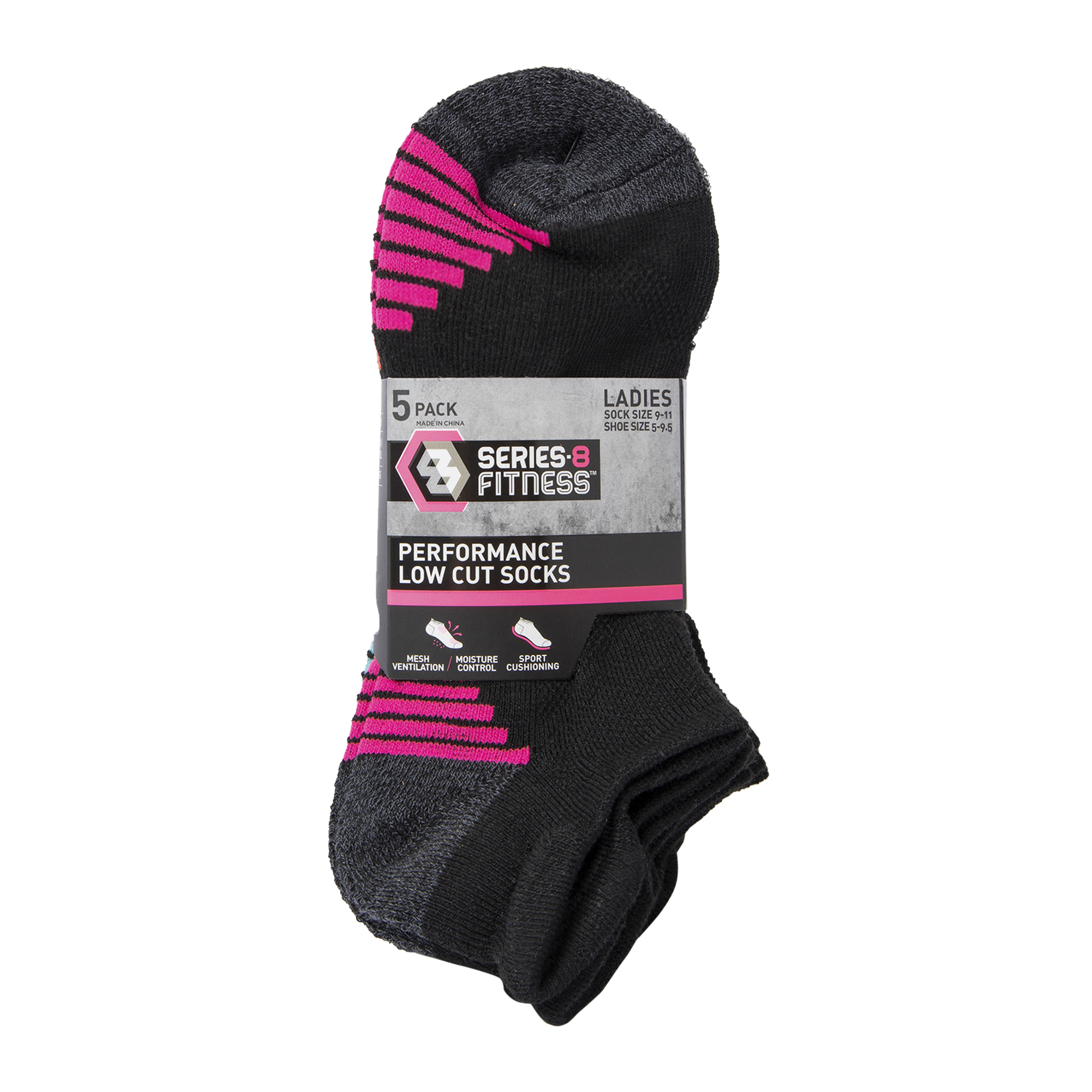 5-Pack Series-8 Fitness™ Ladies Low-Cut Socks - Black, Pink Stripes
