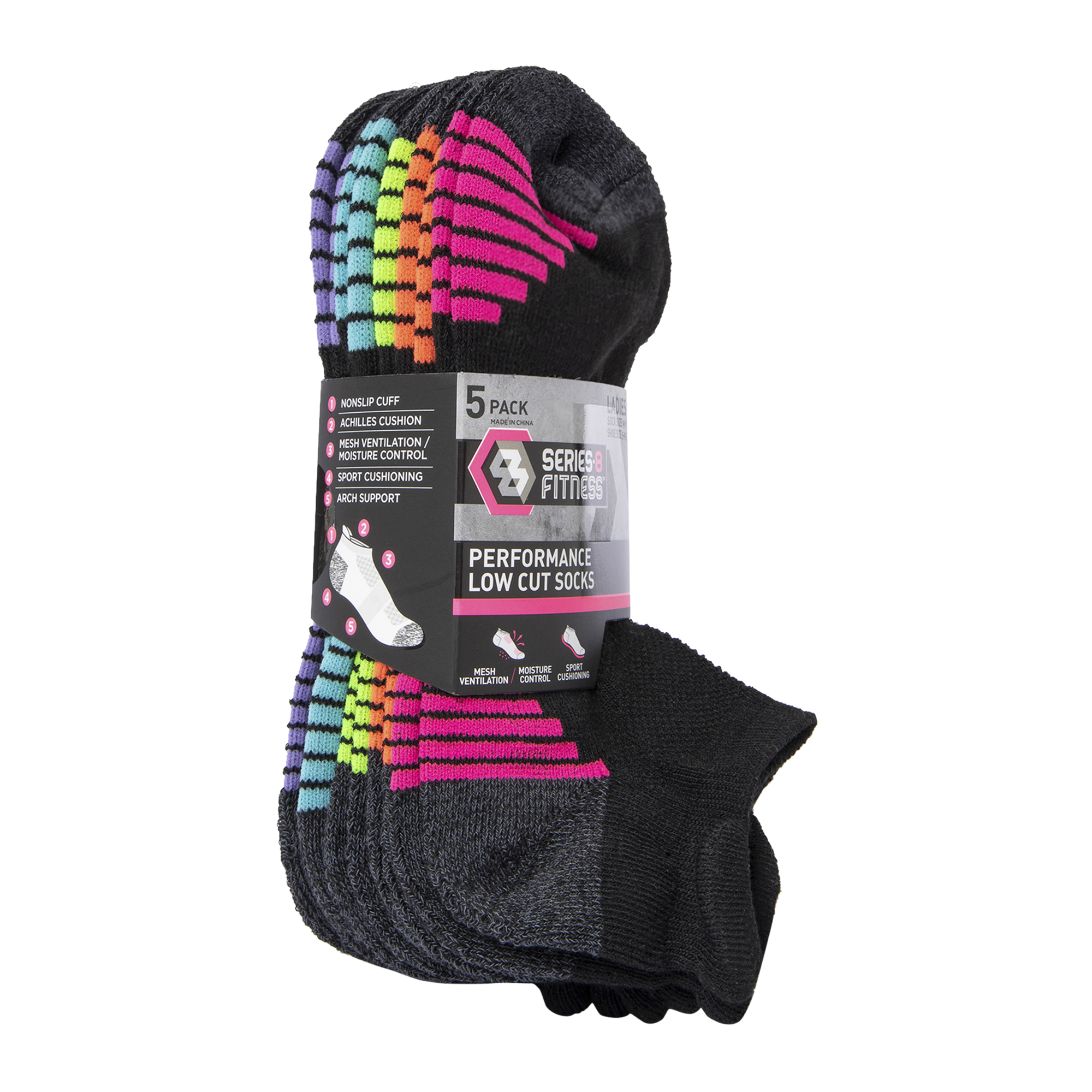 5-Pack Series-8 Fitness™ Ladies Low-Cut Socks - Black, Pink Stripes