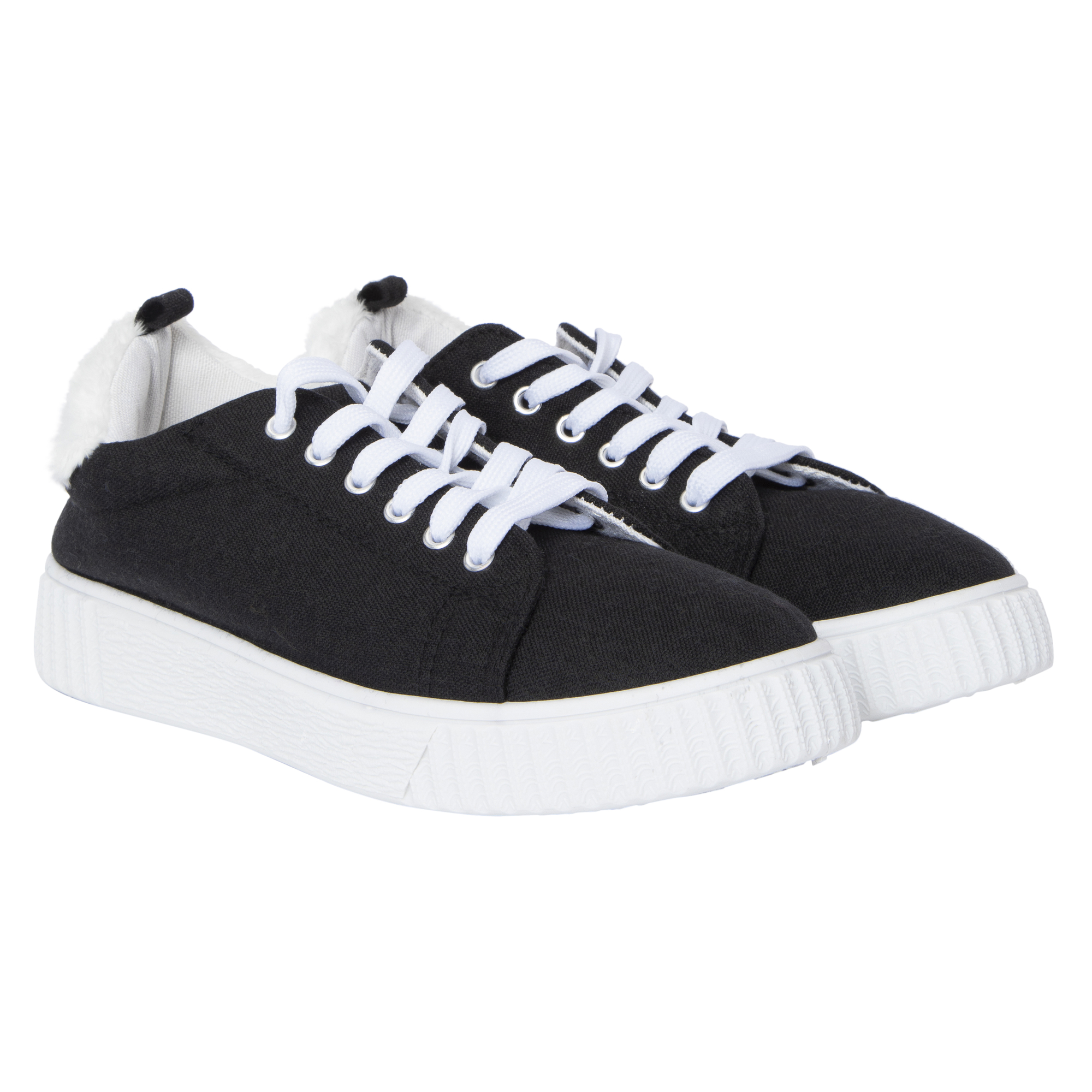 Ladies Black & White Sneakers With Faux Fur Trim