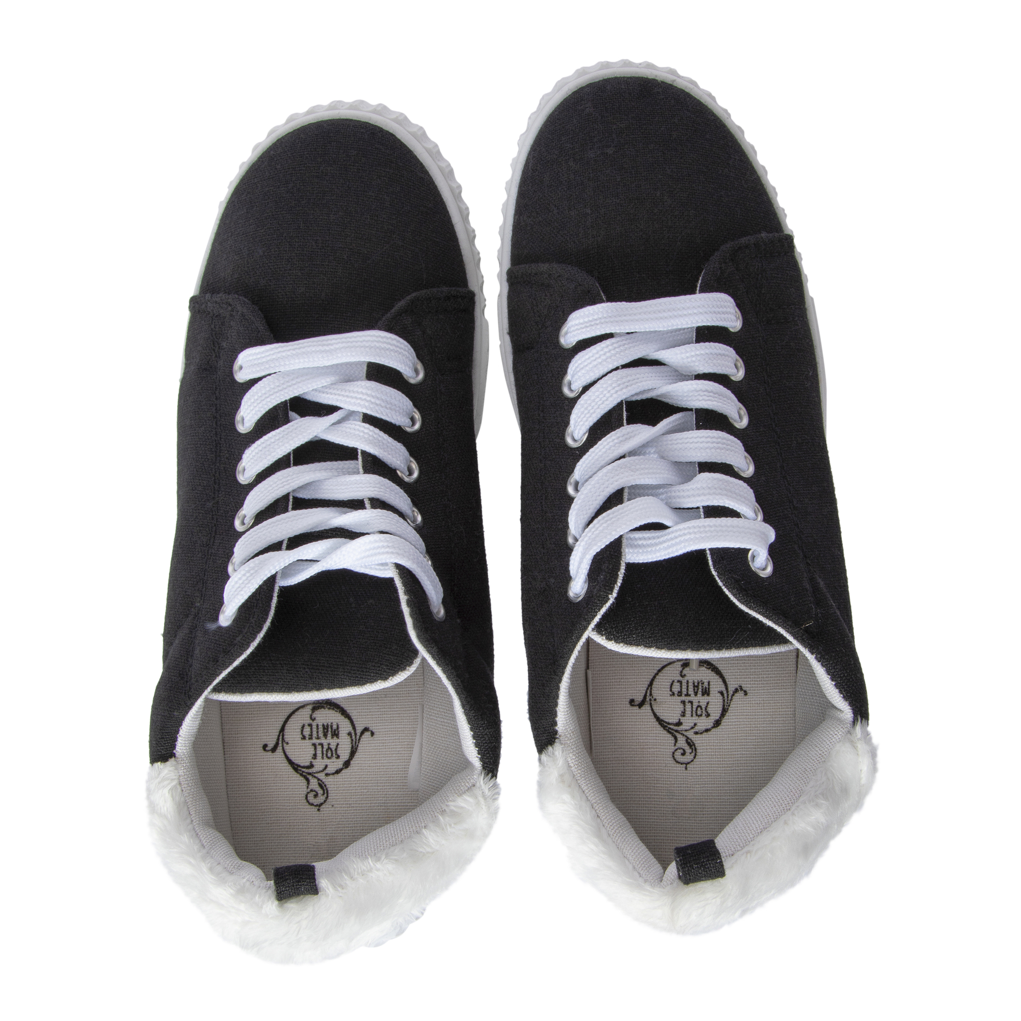 Ladies Black & White Sneakers With Faux Fur Trim
