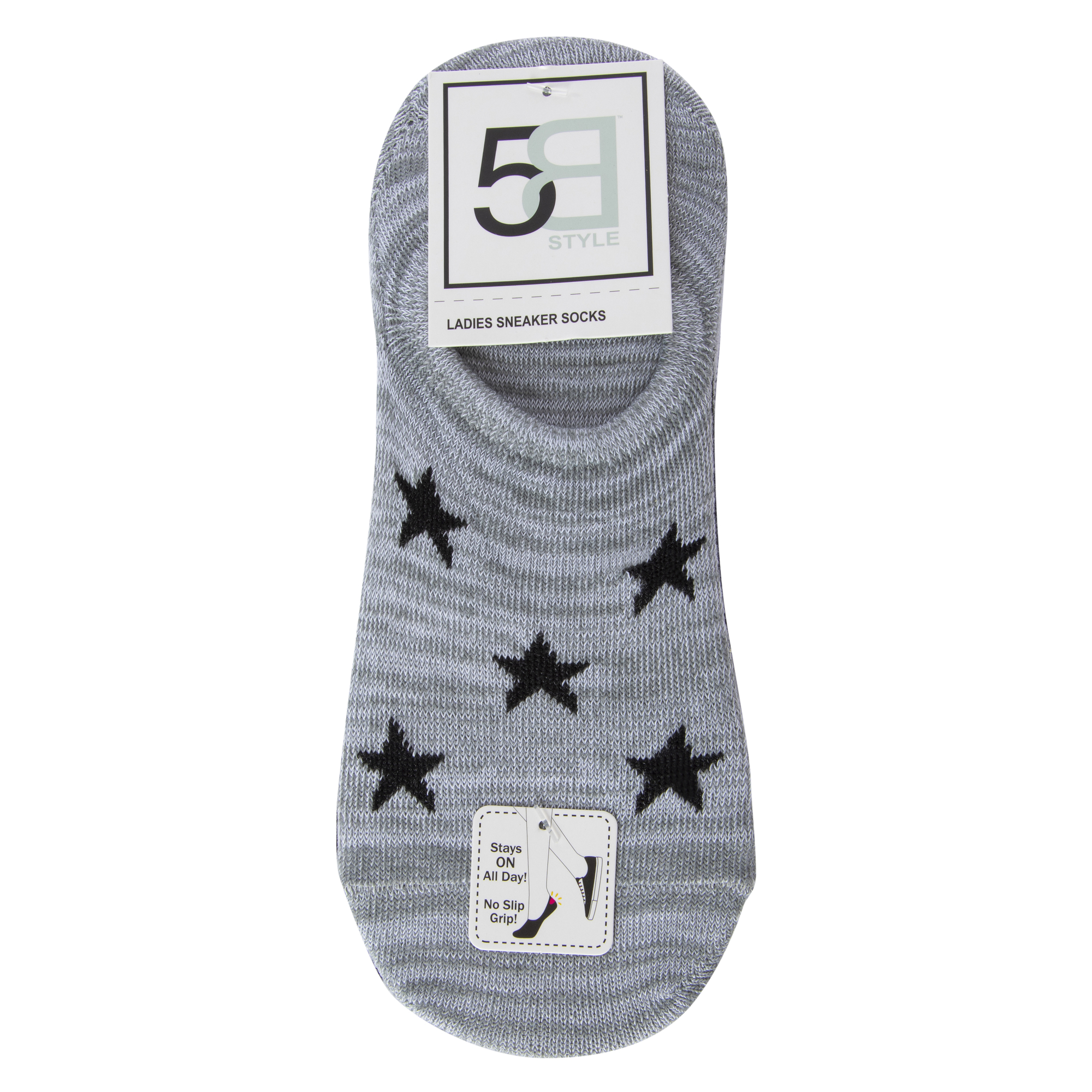 5-Pack Ladies No-Show Sneaker Socks - Stars, Solid, Heathered