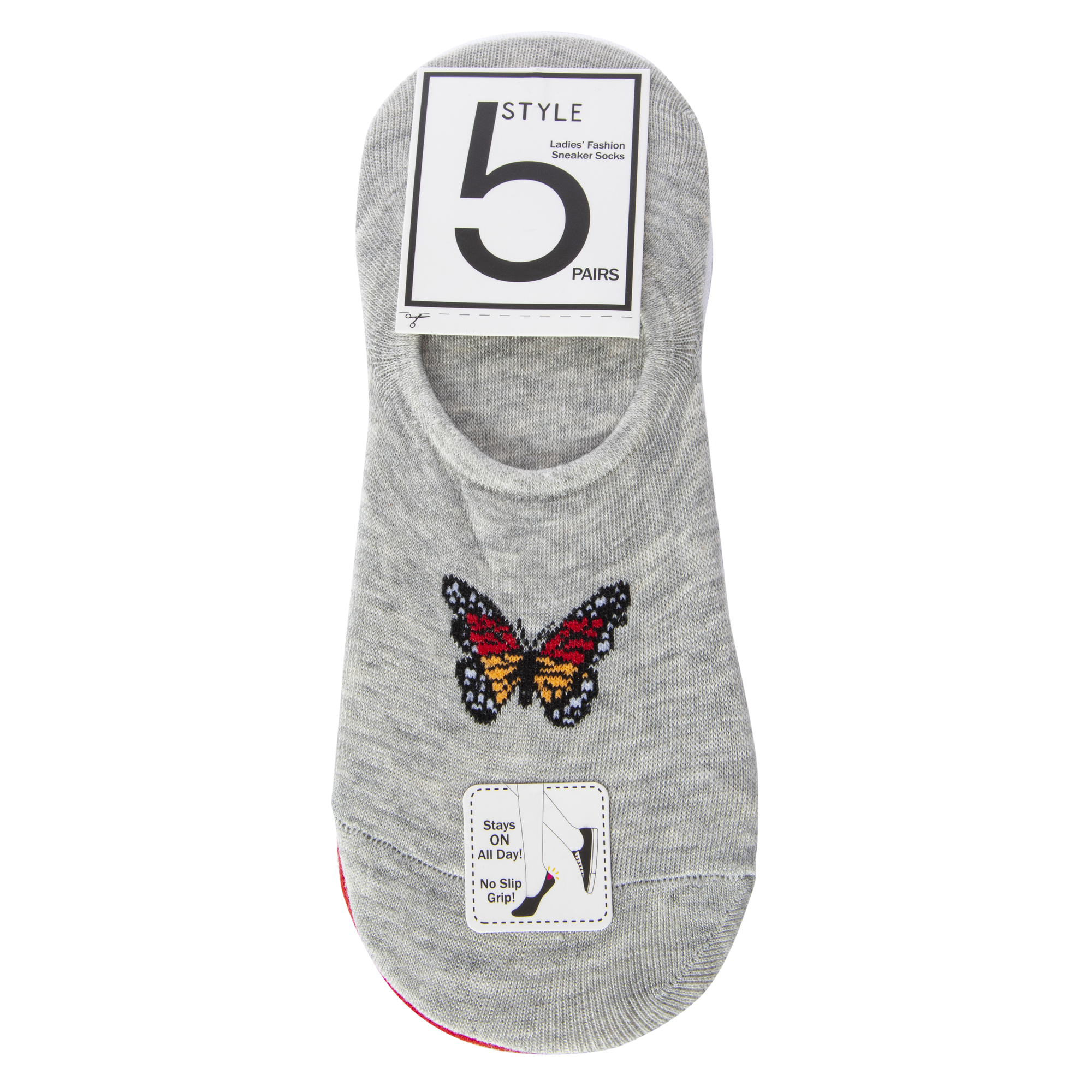 5-Pack Ladies No-Show Sneaker Socks - Butterfly, Stripes
