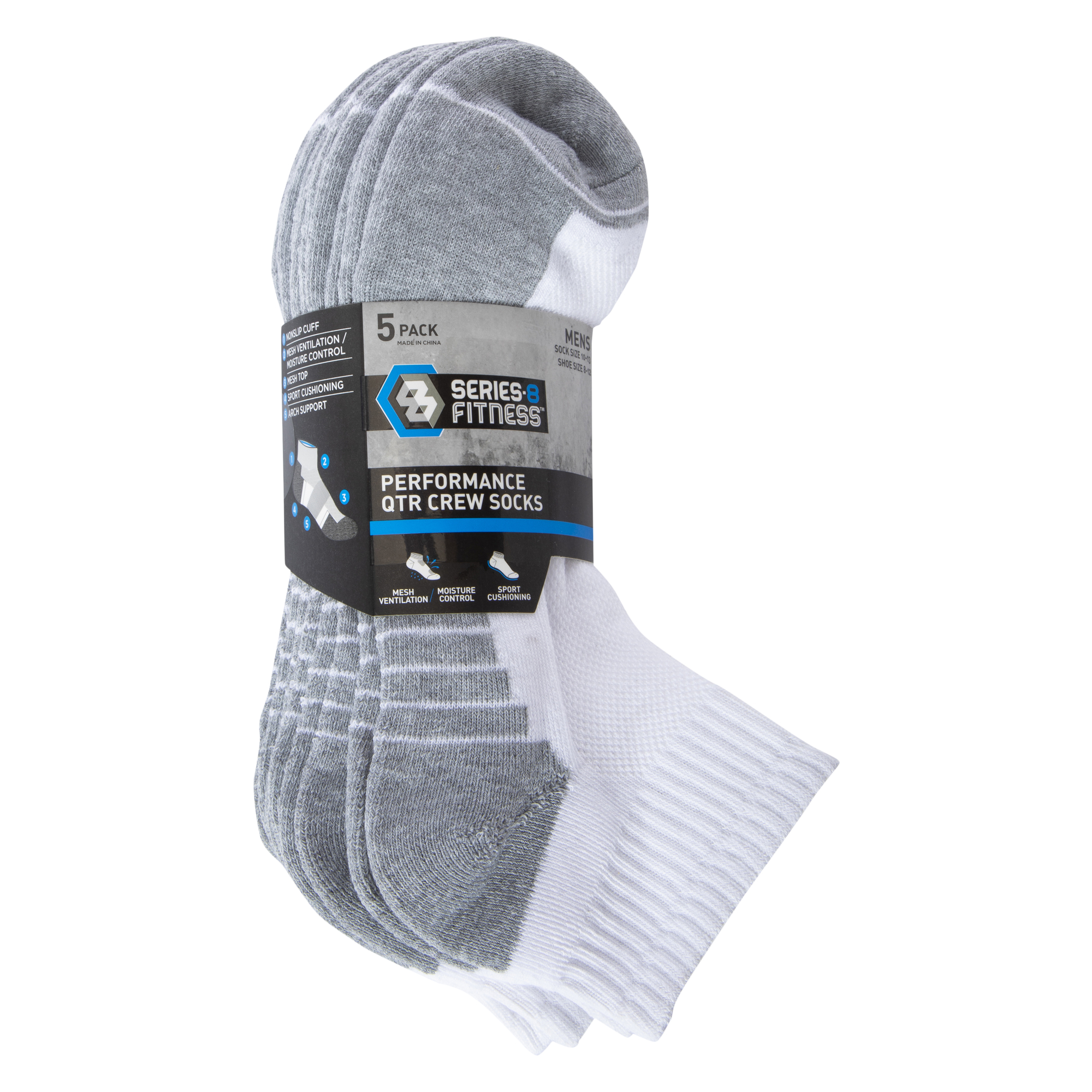 5-Pack Series 8 Fitness™ Mens Performance Quarter Crew Socks - White