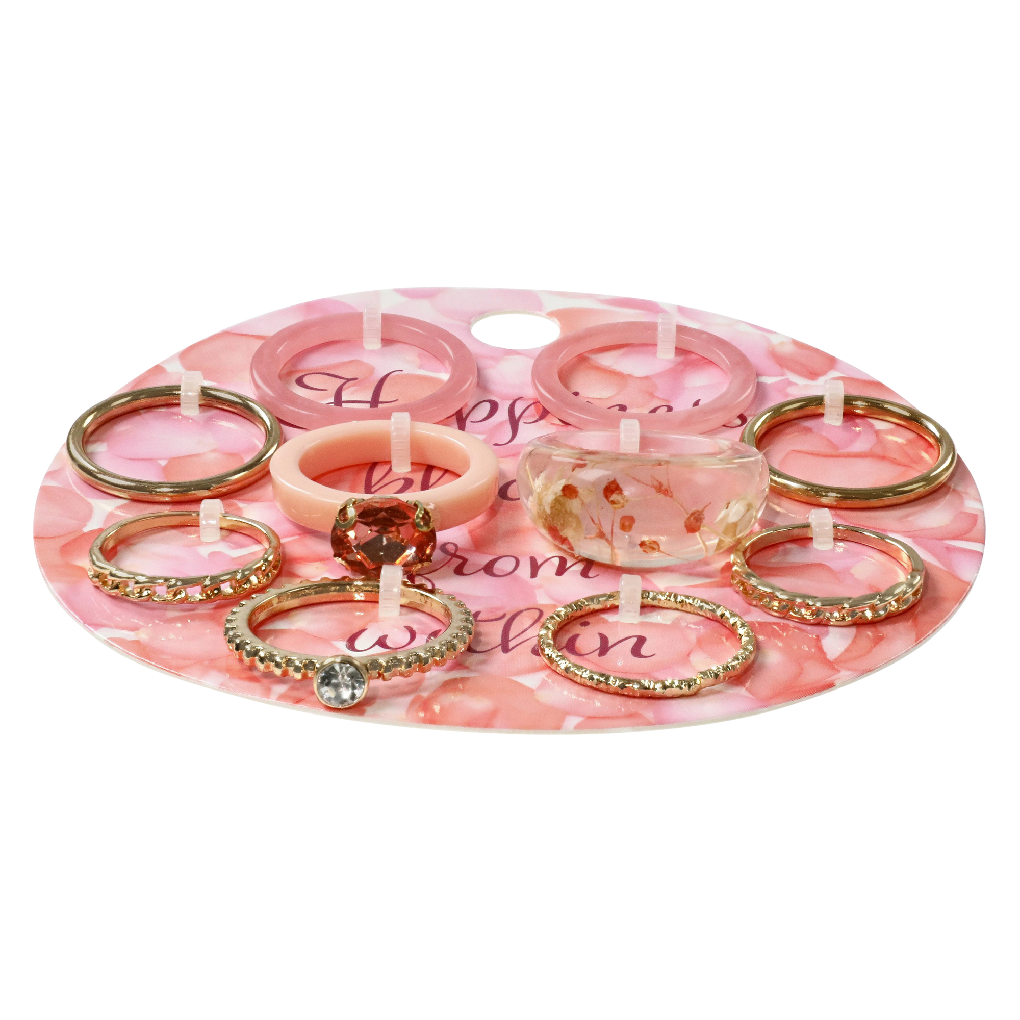 10-Pack 'Happiness Comes From Within' Gold & Acrylic Rings