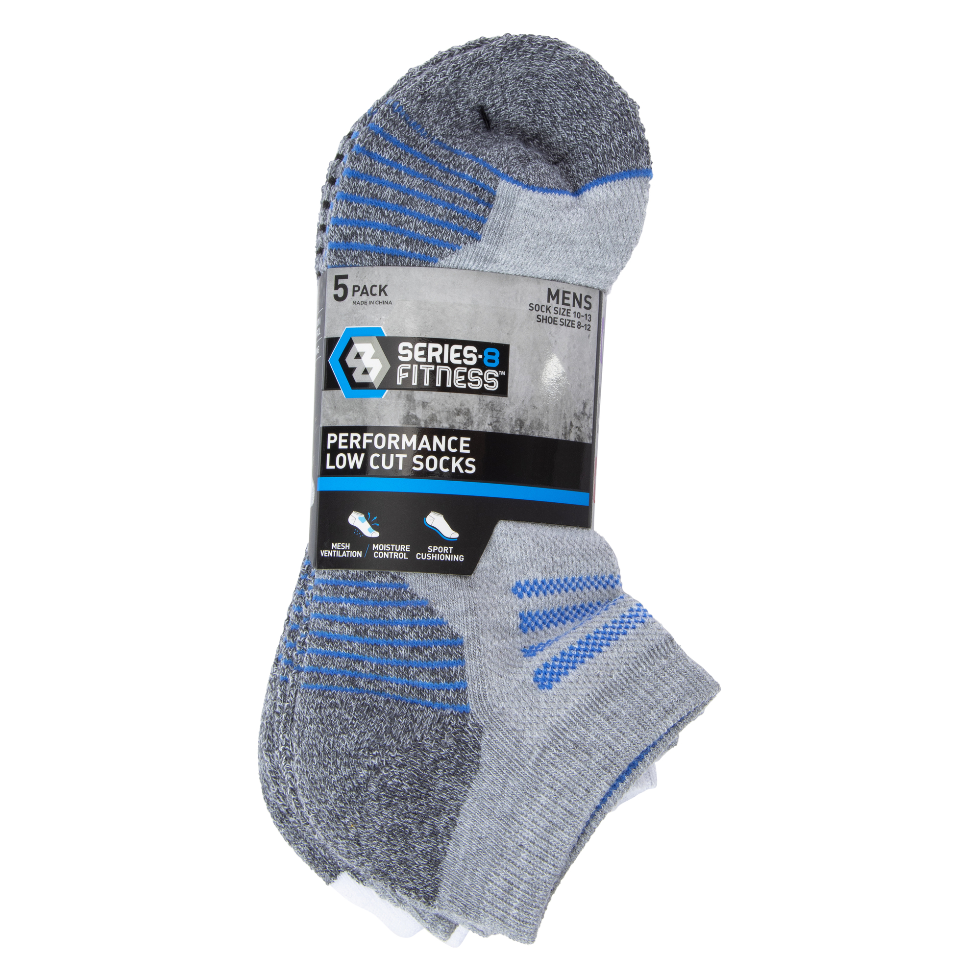 5-Pack Series-8 Fitness™ Men's Performance Low-Cut Socks - Gray, White, Navy