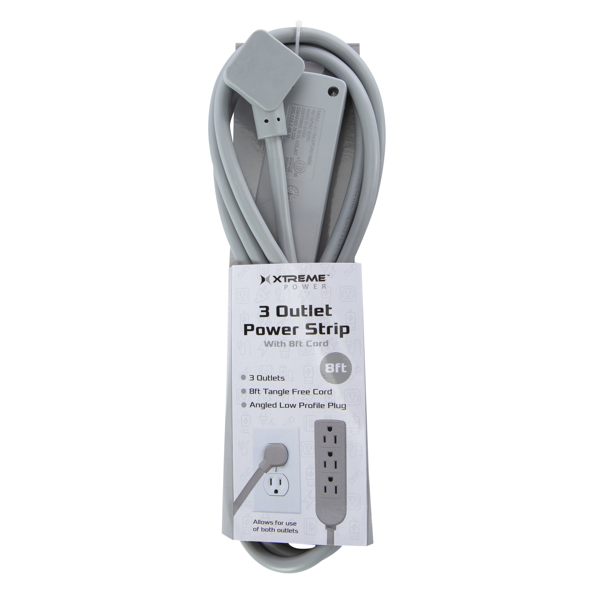Low Profile Extension Cord With 3-Outlet Power Strip 8ft