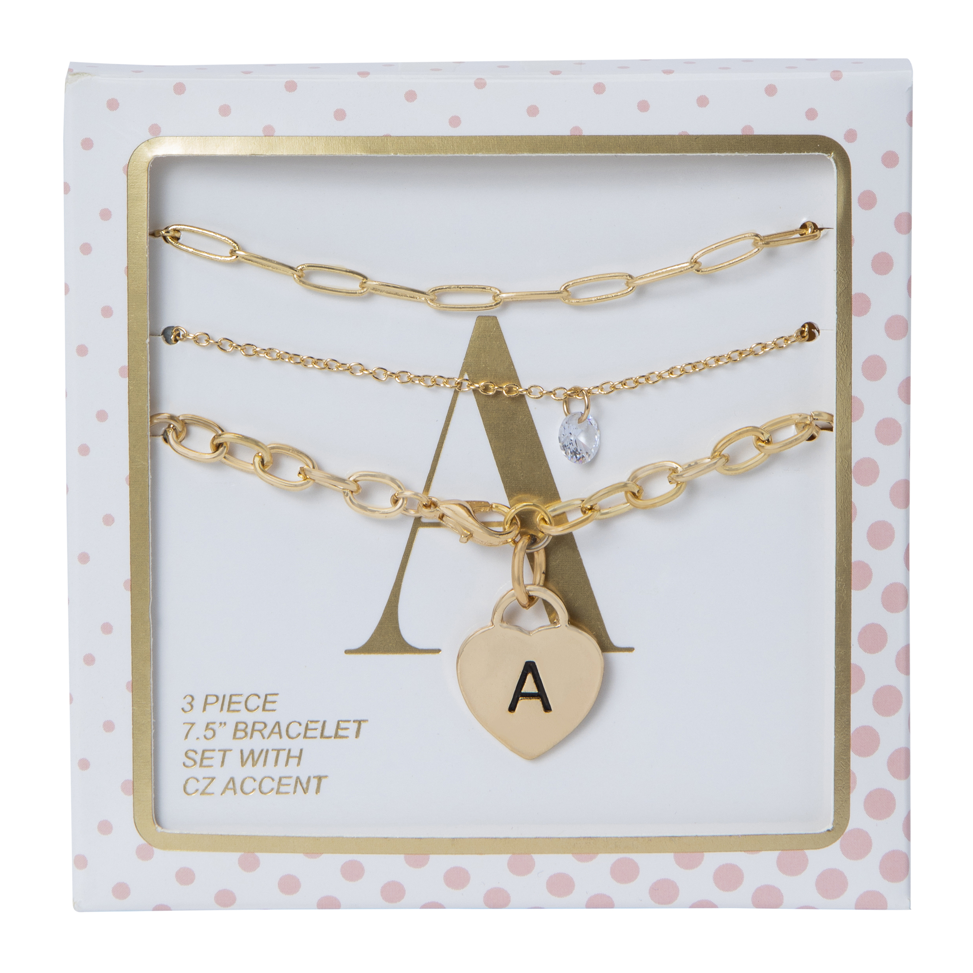 Gold Heart initial Bracelet Set 3-Piece