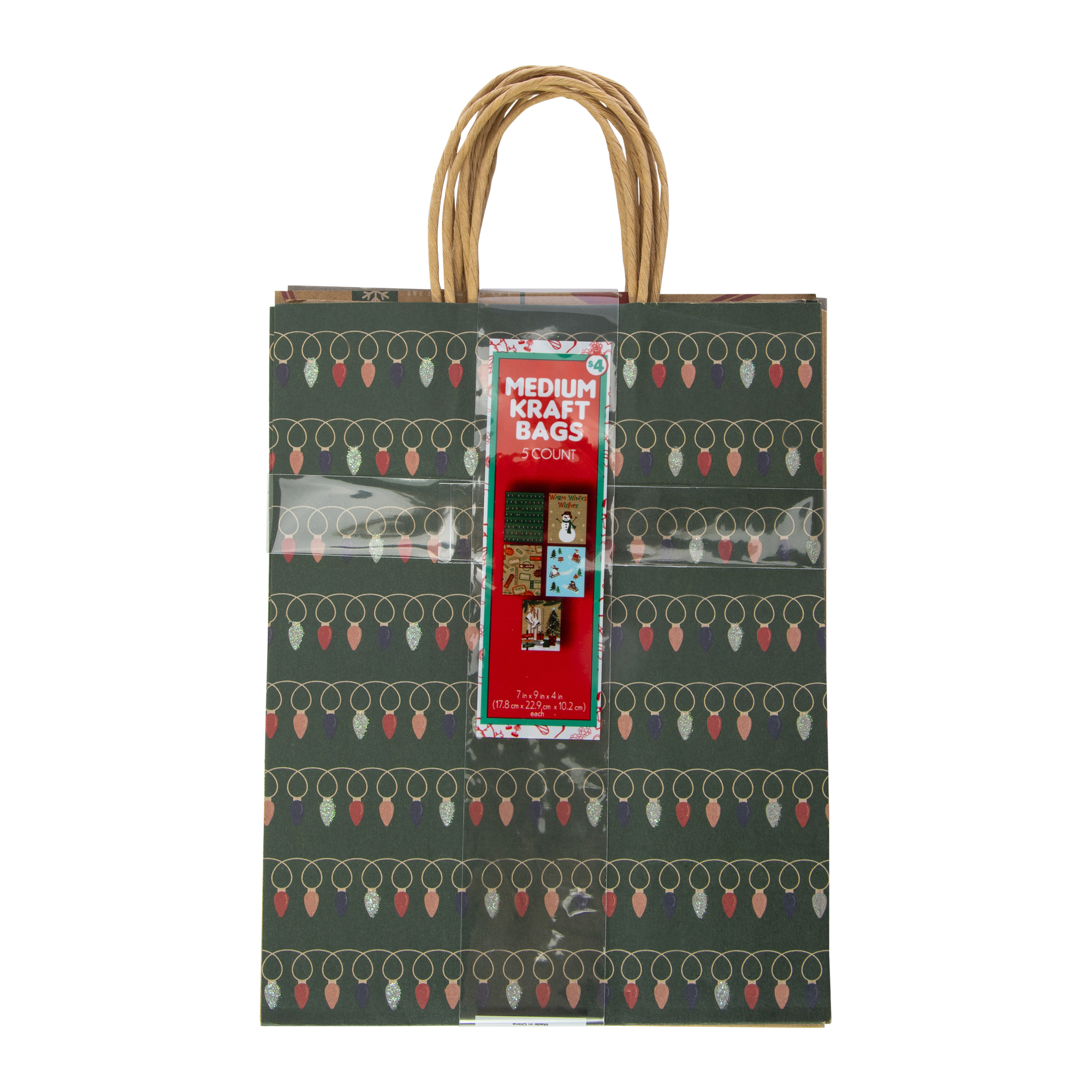 Medium Holiday Kraft Gift Bags 7in x 9in 5-Pack - Classic