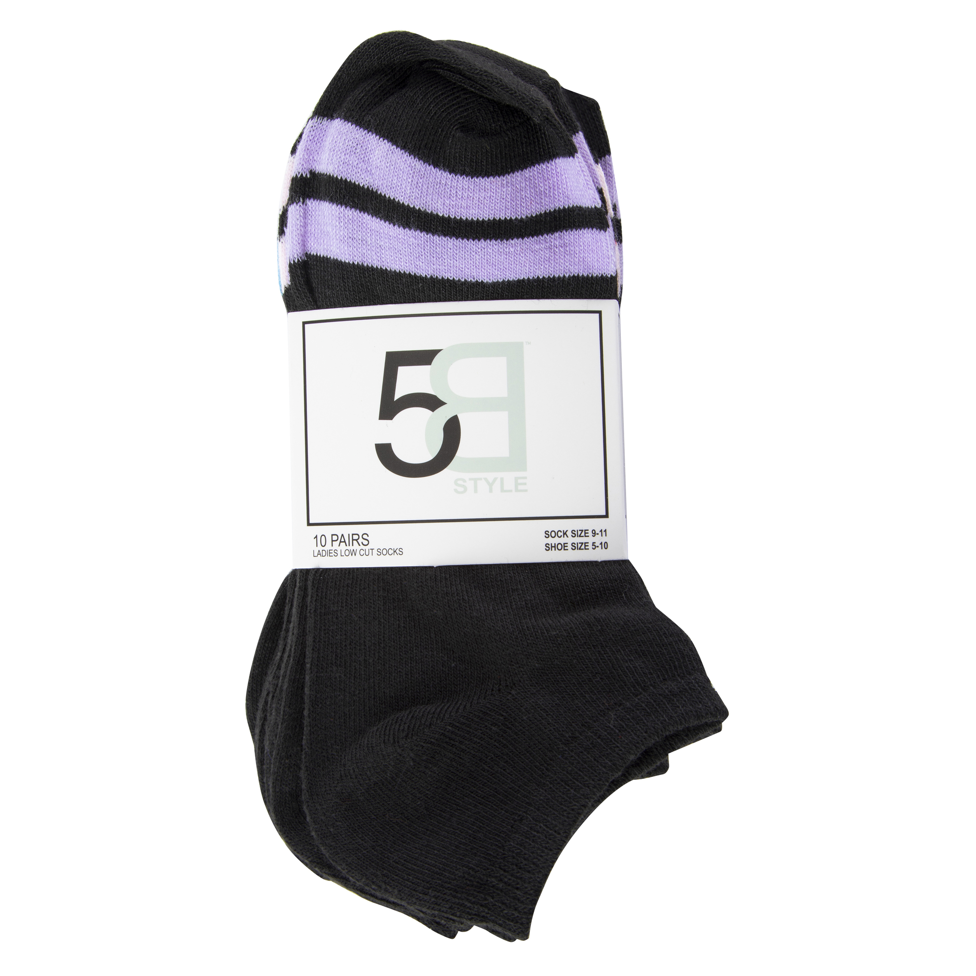 Ladies Ankle Socks 10-Pack - Black With Toe Stripes