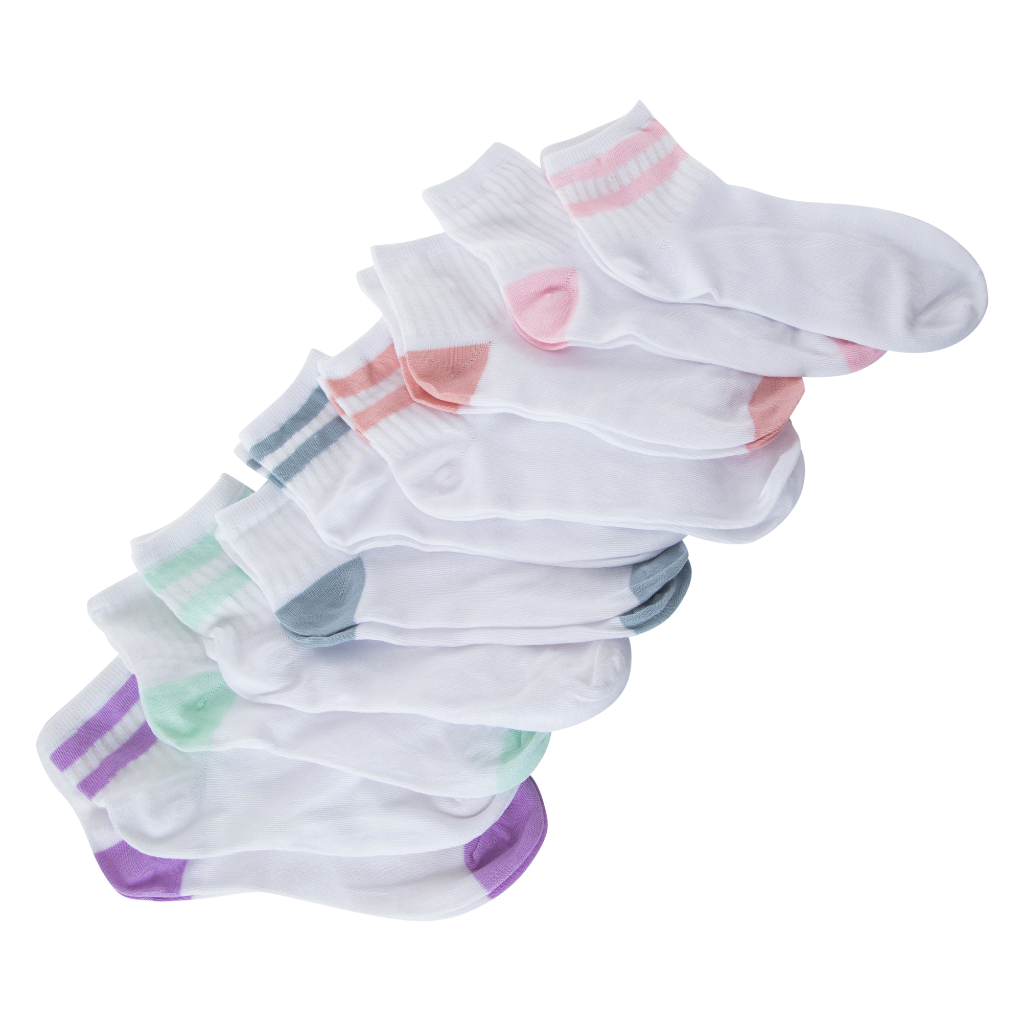 Ladies White & Pastel Quarter Crew Socks 10-Pack
