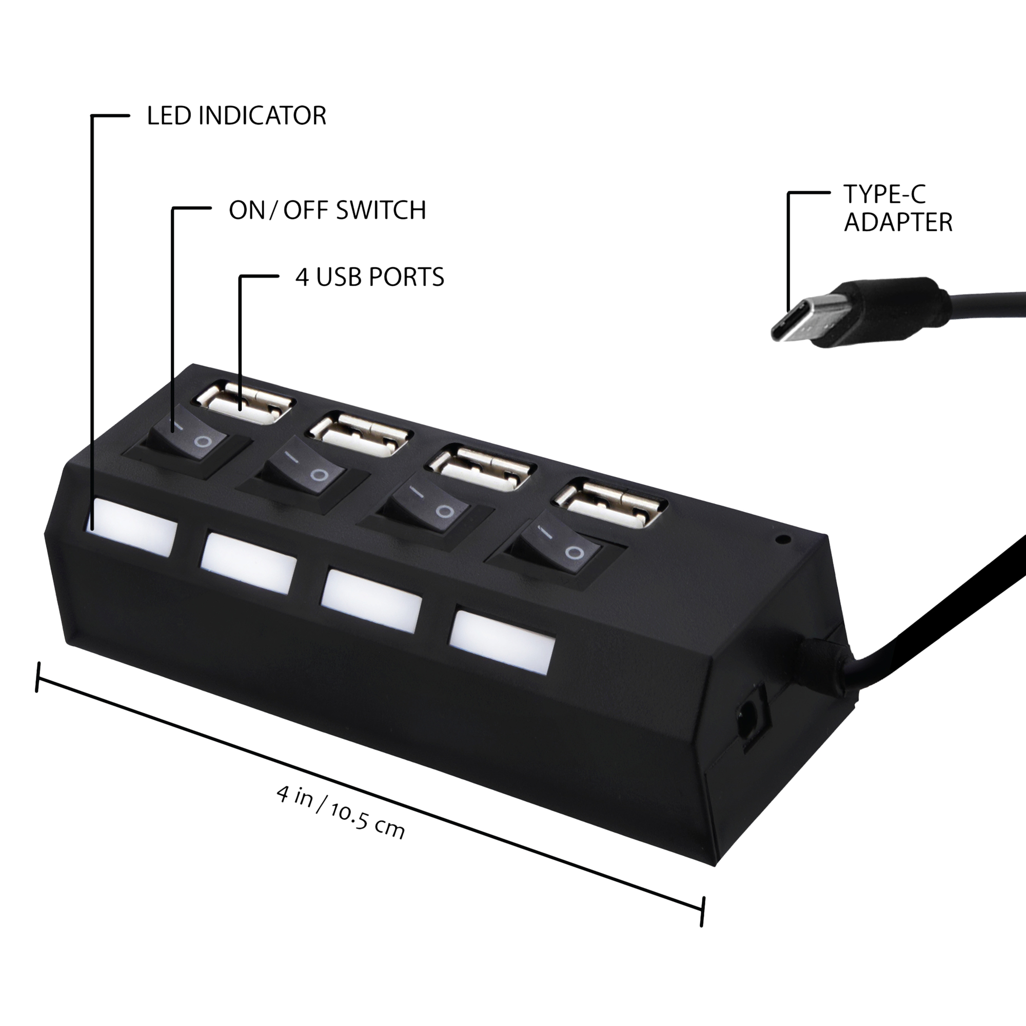 USB-C 2.0 4-Port Charging Hub With Power Switches
