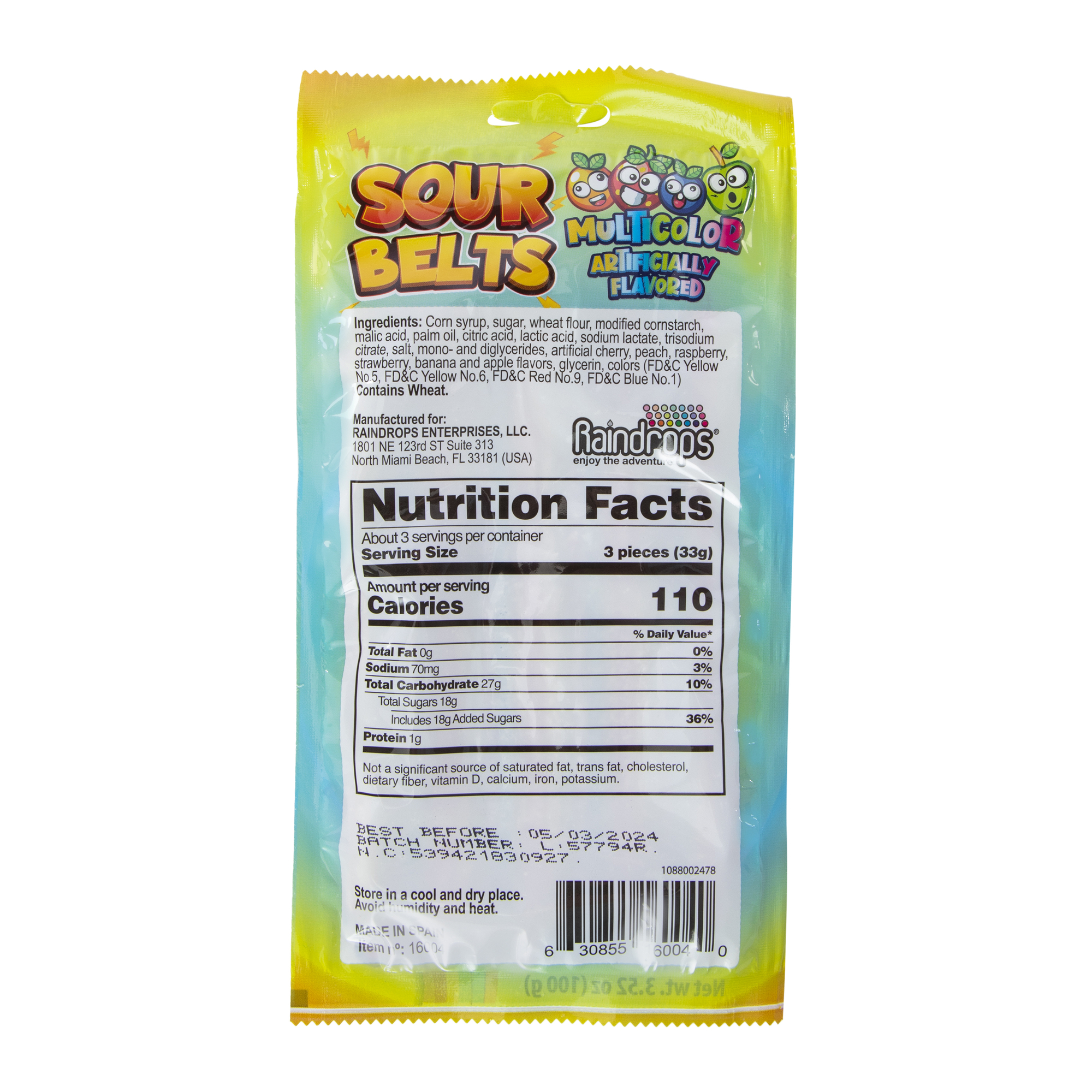 Raindrops® Sour Belts Multicolor Gummy Candy 3.52oz