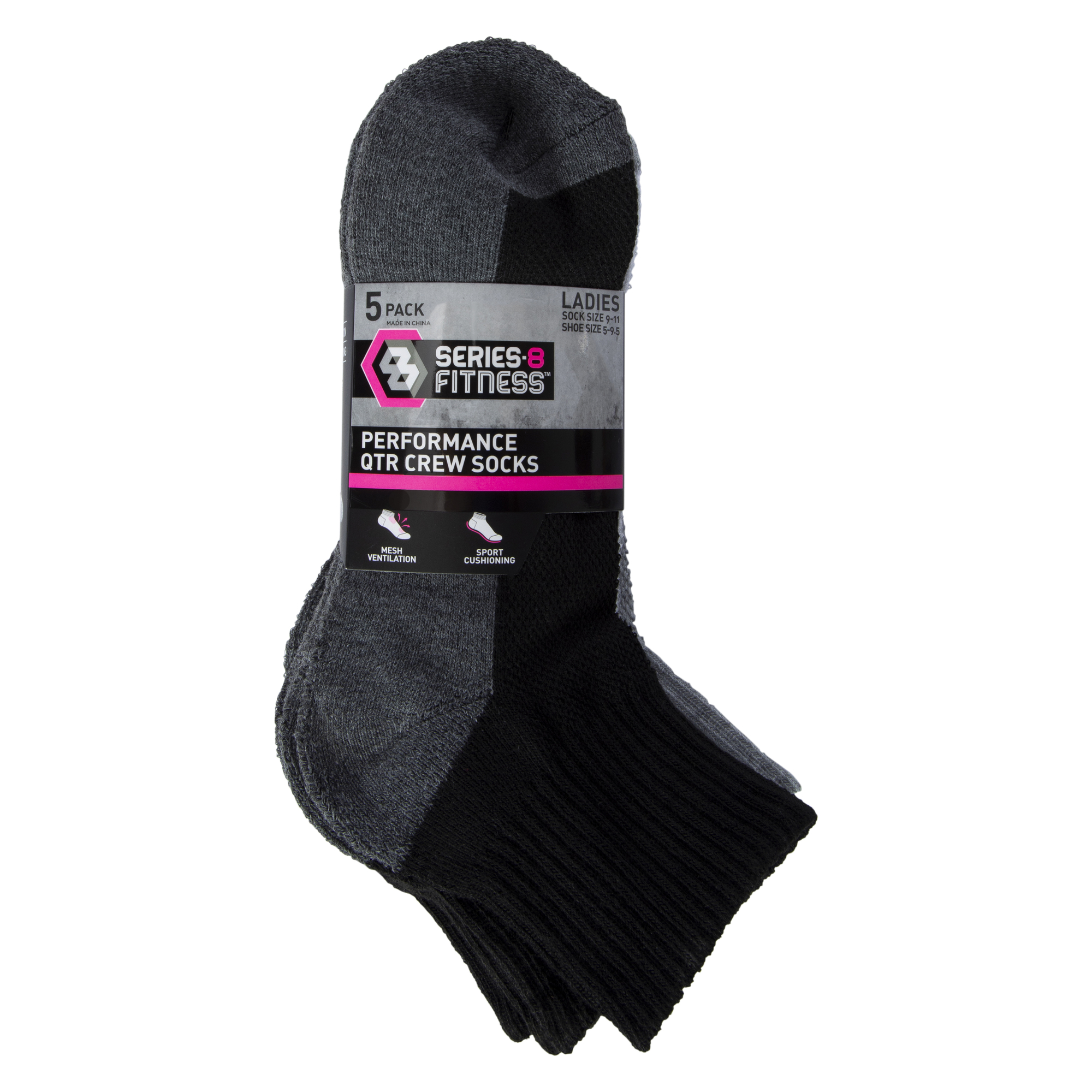 Series-8 Fitness™ Performance Quarter Crew Socks 5-Pack - Black, White & Gray