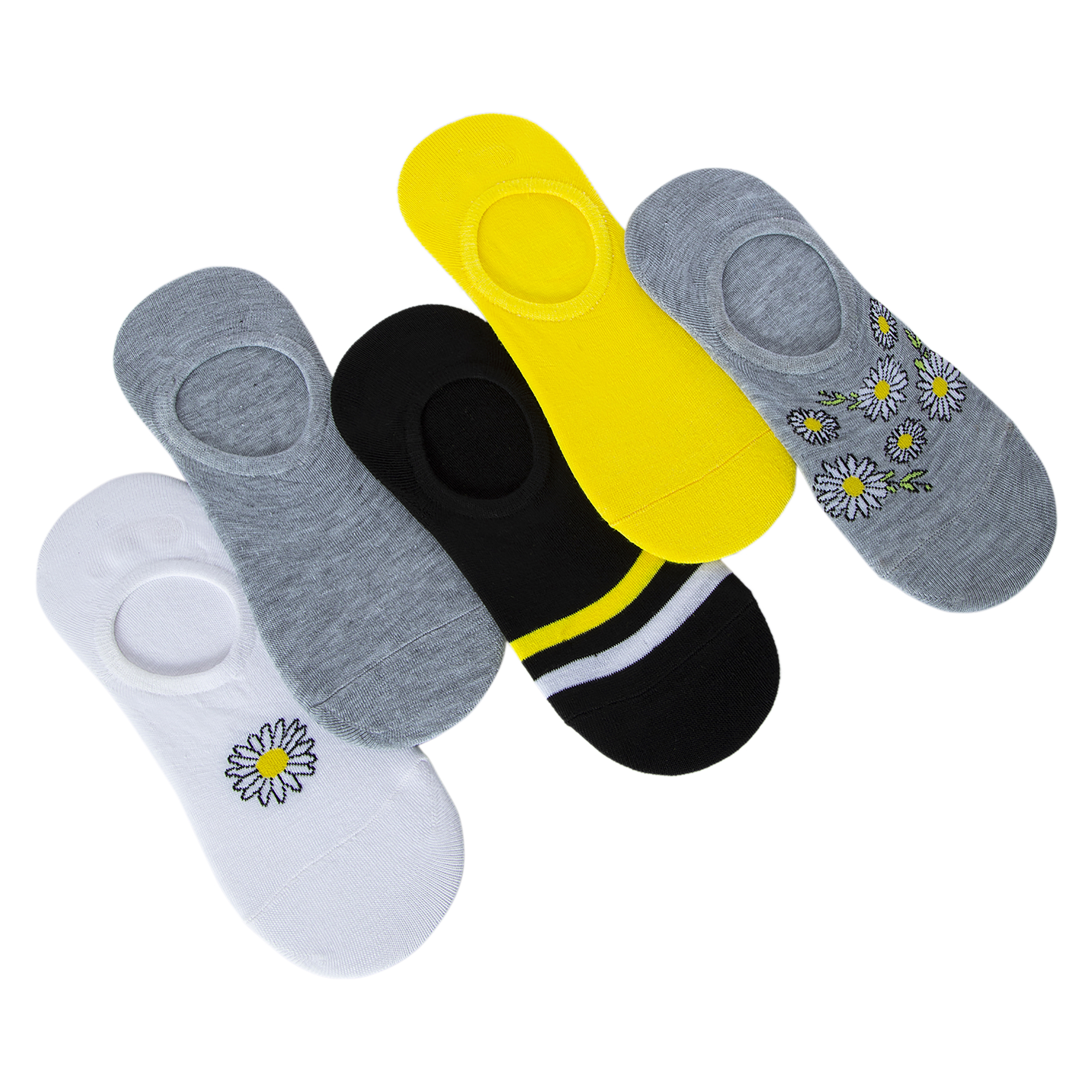 Ladies No-Show Liner Socks 5-Pack  - Yellow Flower