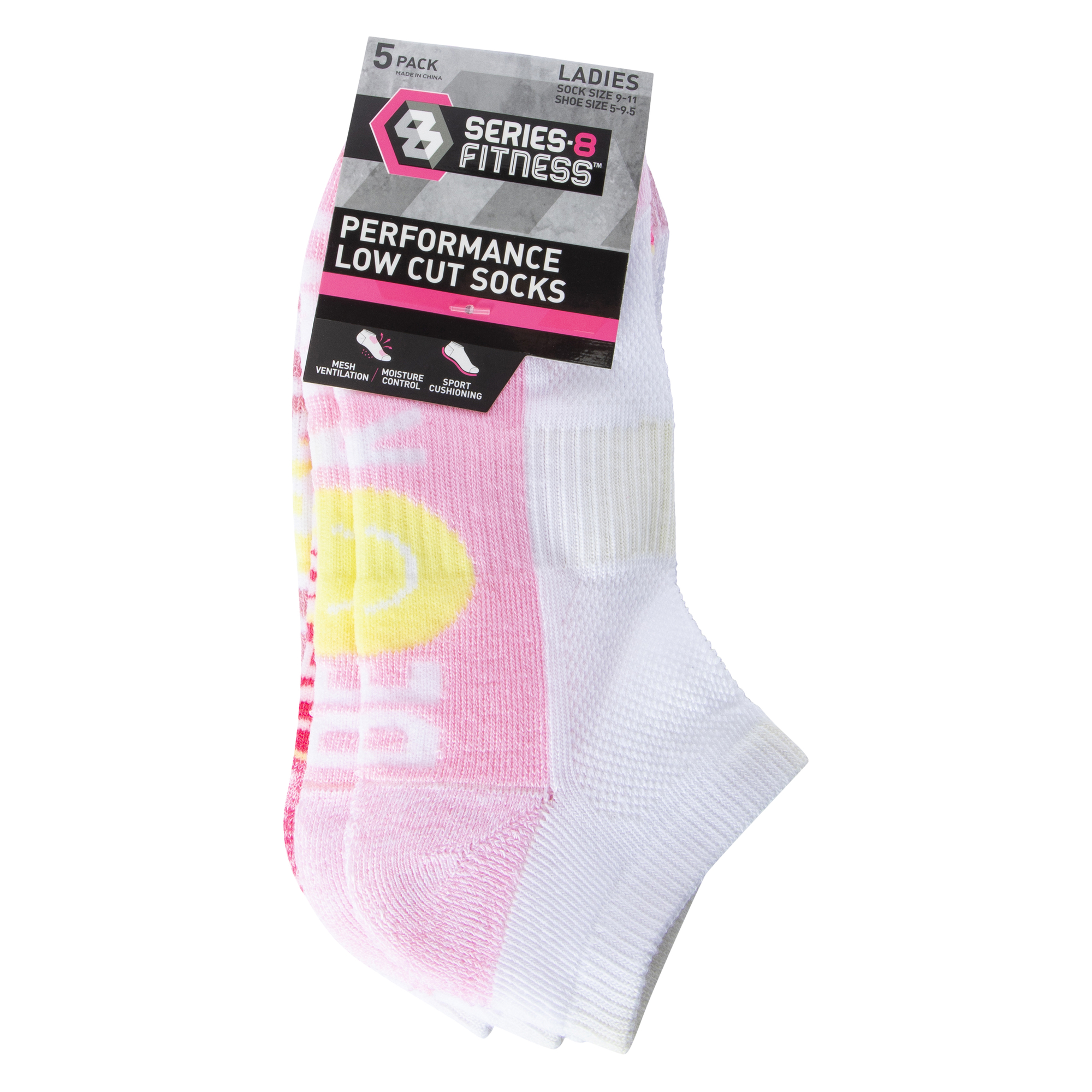 Series-8 Fitness™ Ladies Low-Cut Performance Socks 5-Pack - White & Pastel