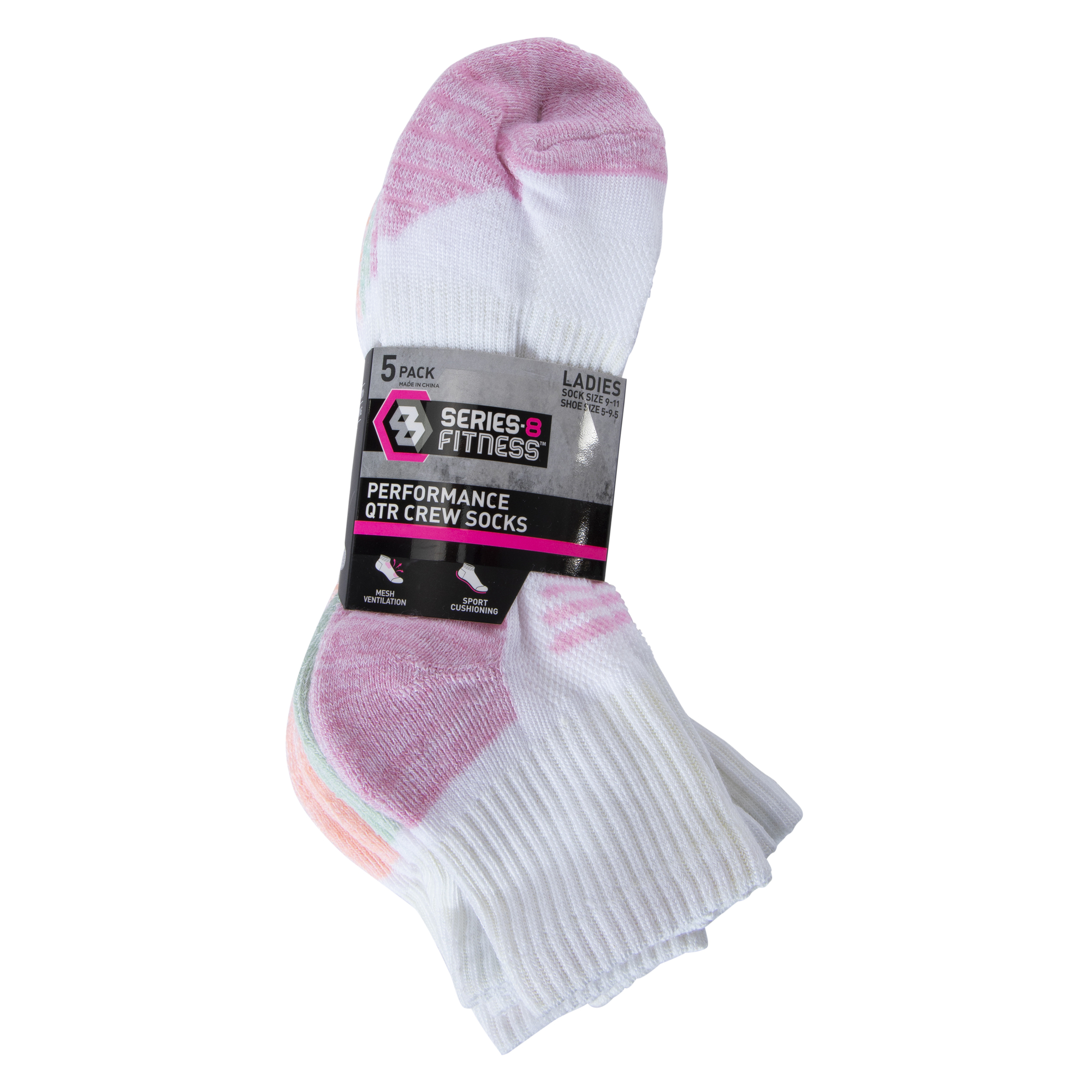 Ladies White Performance Quarter Crew Socks 5-Pack