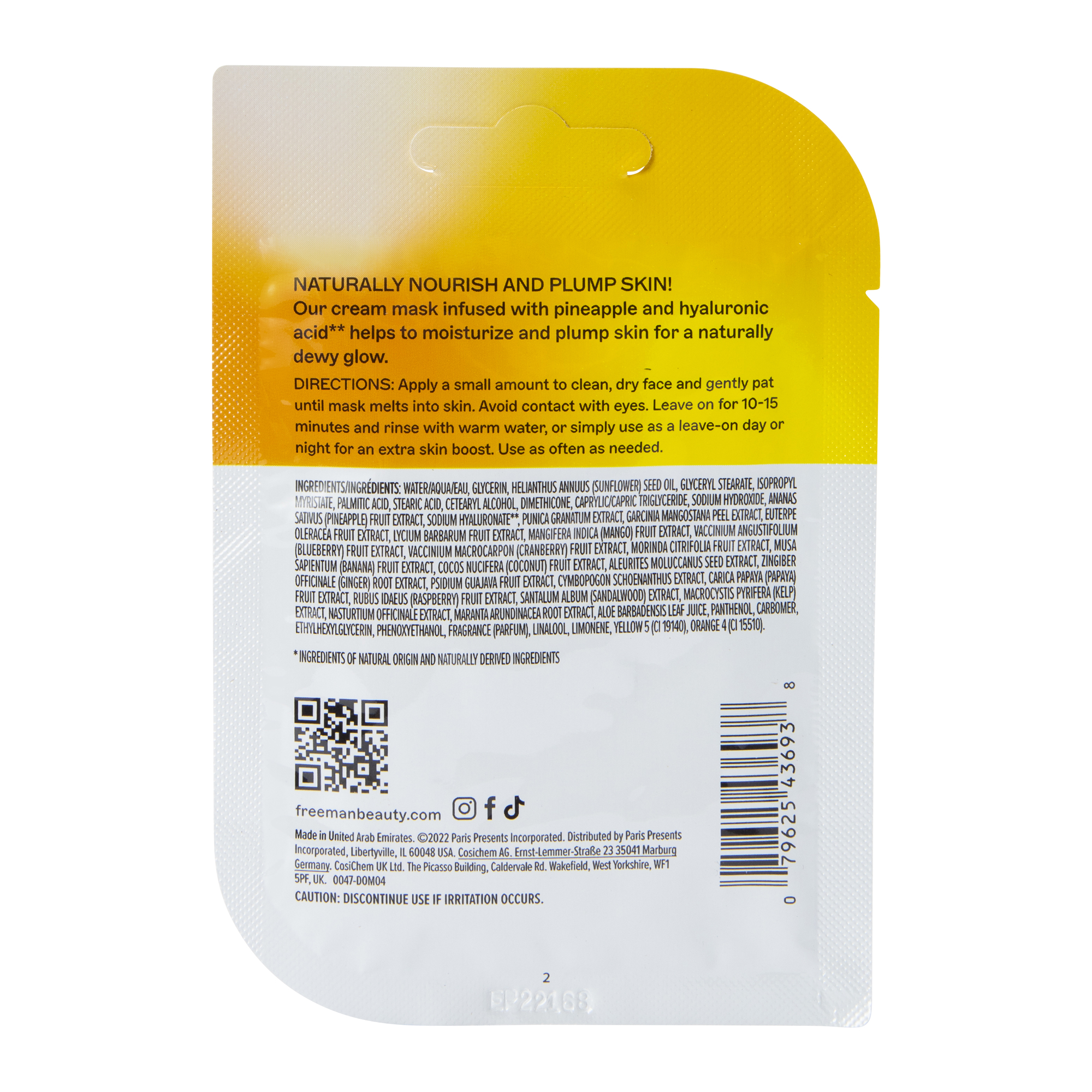 Freeman® Pineapple & Hyaluronic Acid Nourishing Cream Mask 0.33 Fl.oz