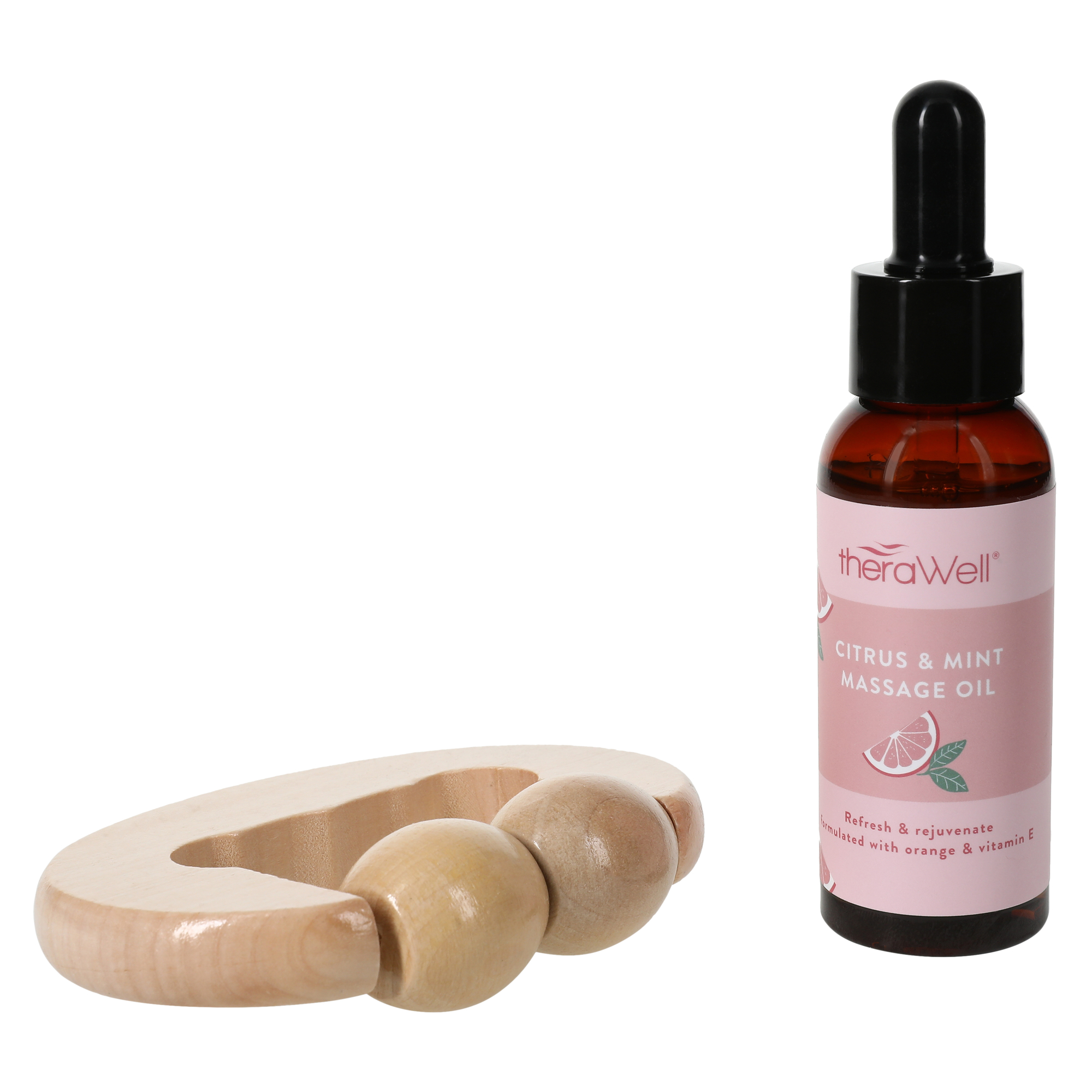 Therawell® Wooden Massager & Massage Oil Set 2-Piece - Grapefruit