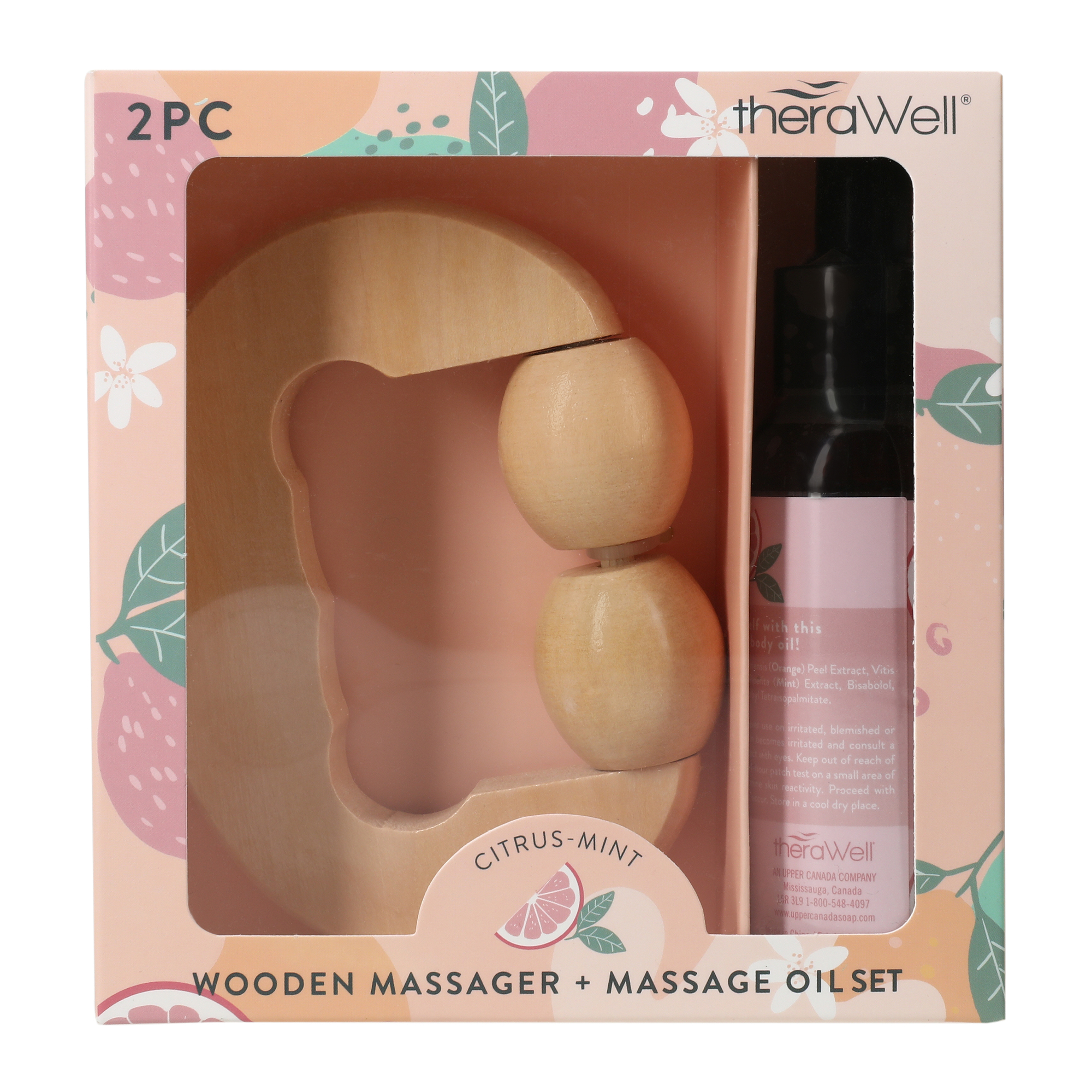 Therawell® Wooden Massager & Massage Oil Set 2-Piece - Grapefruit