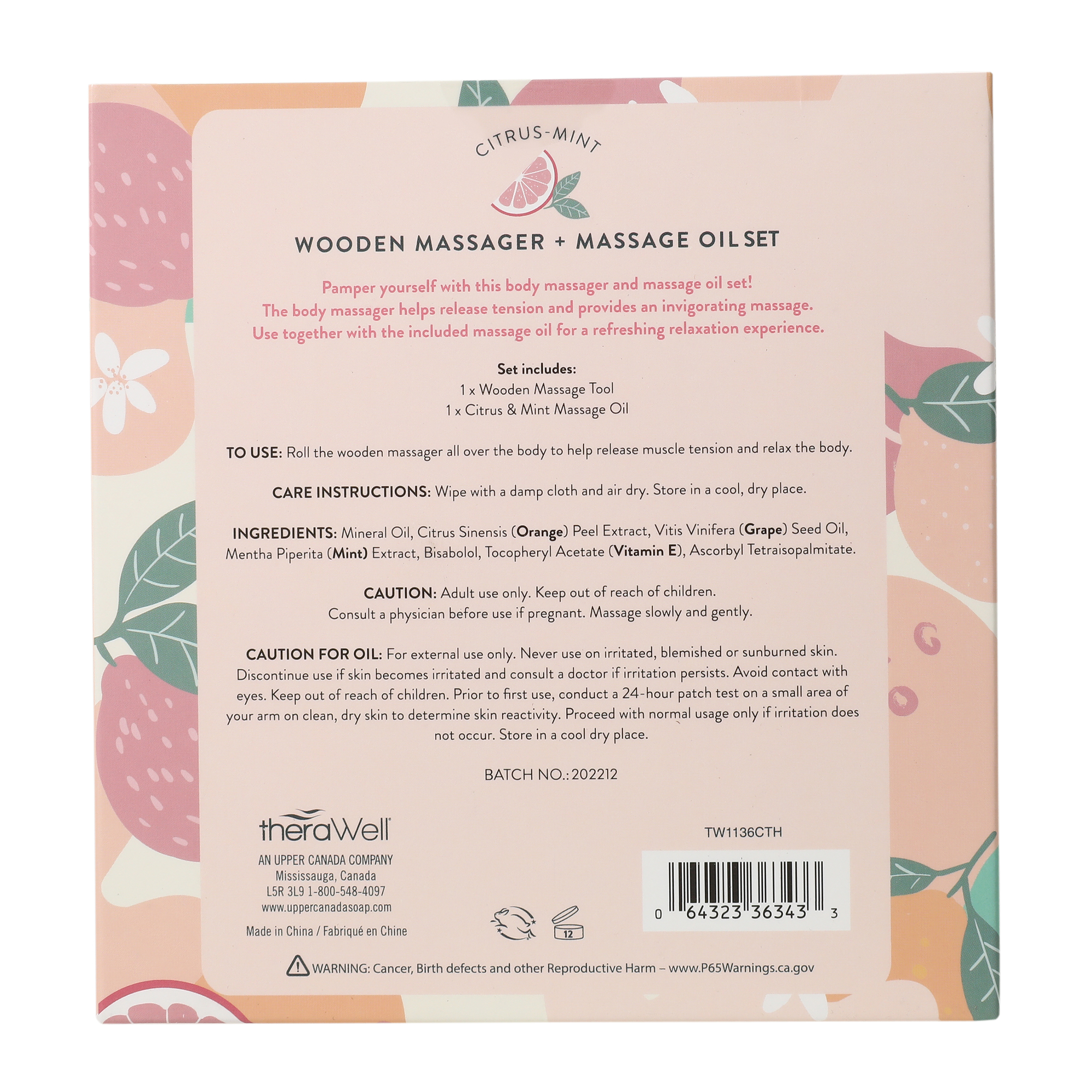 Therawell® Wooden Massager & Massage Oil Set 2-Piece - Grapefruit