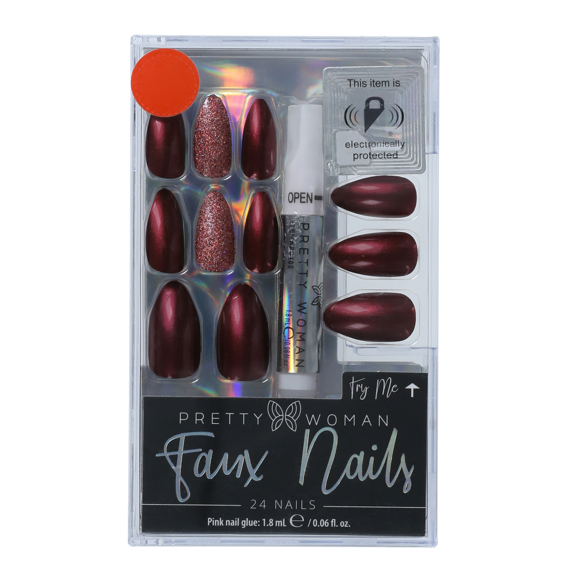 Burgundy & Glitter Faux Nails 24-Piece Set w/ Glue