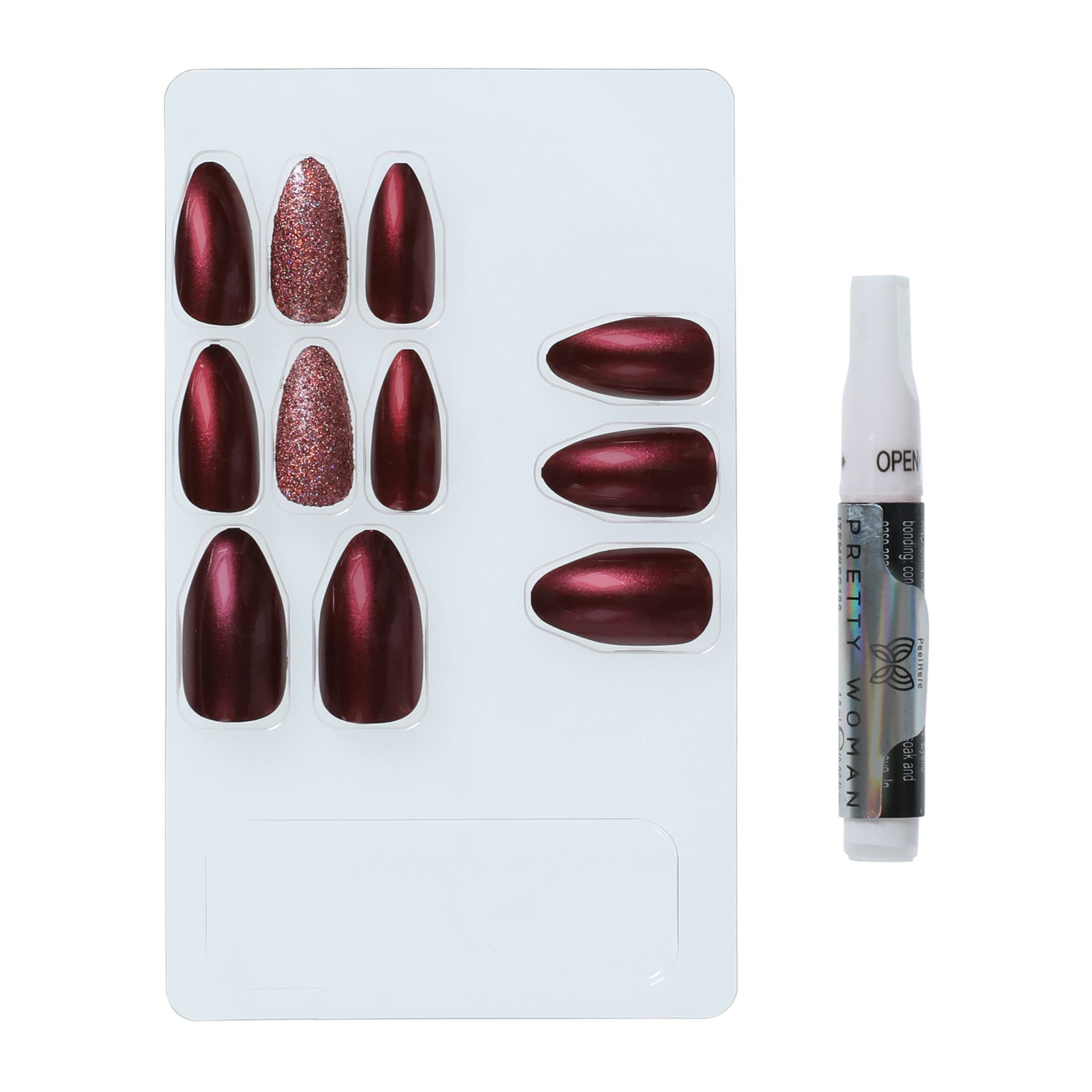 Burgundy & Glitter Faux Nails 24-Piece Set w/ Glue