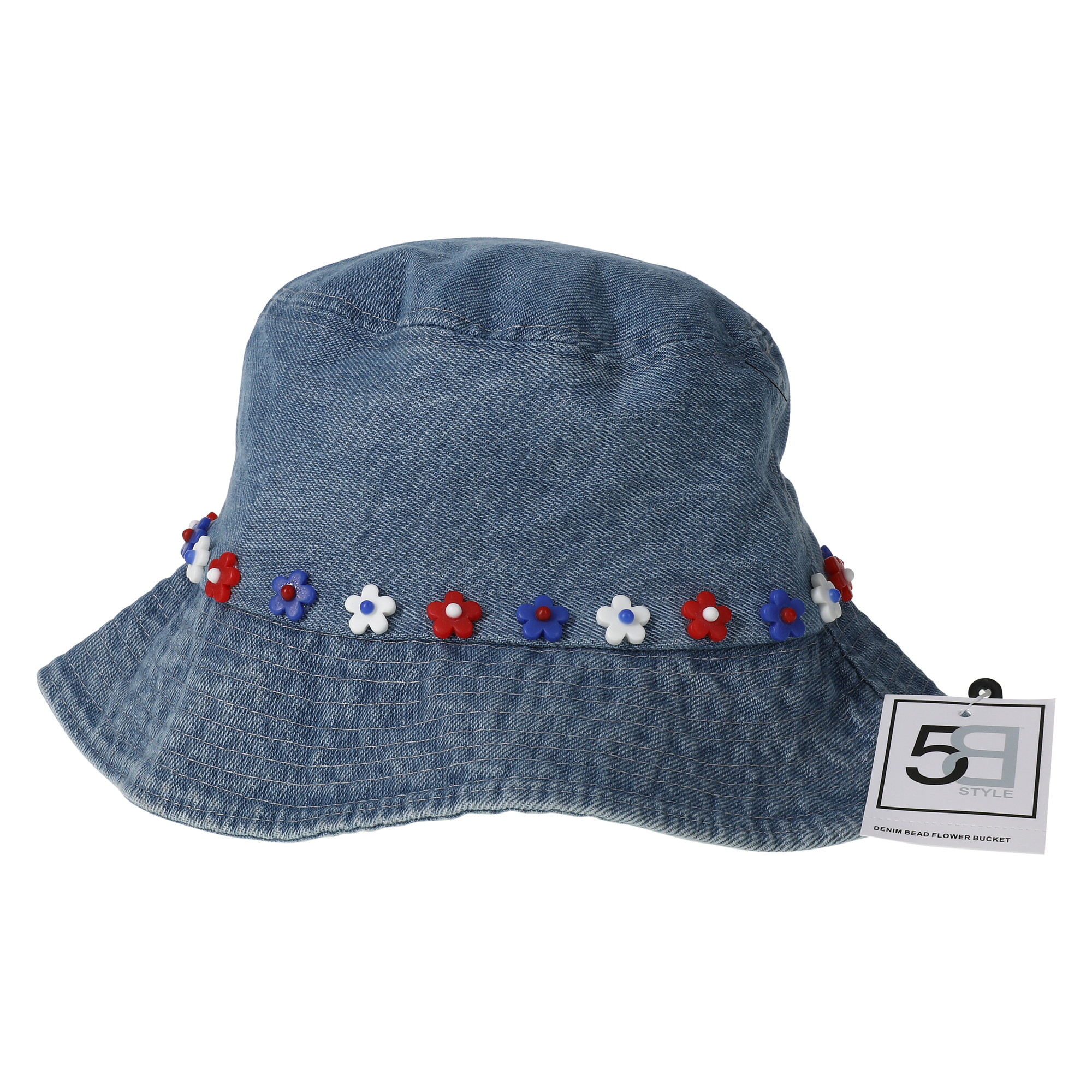 Denim Beaded Flower Bucket Hat
