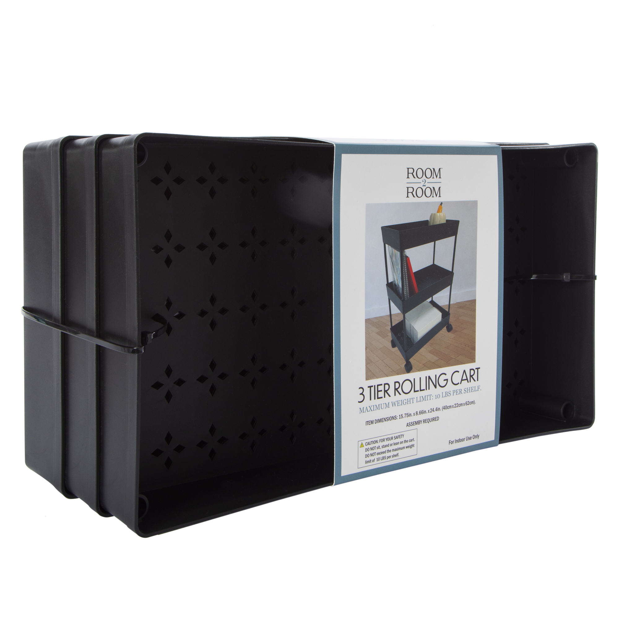 3-Tier Plastic Rolling Cart 15.75in  x 24.4in - Black