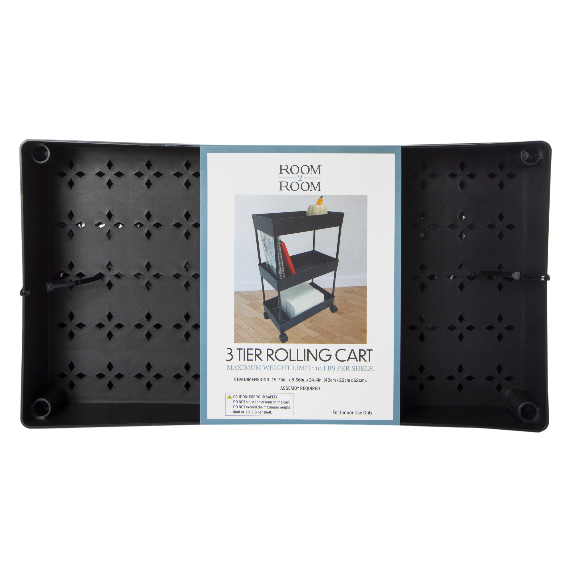 3-Tier Plastic Rolling Cart 15.75in  x 24.4in - Black