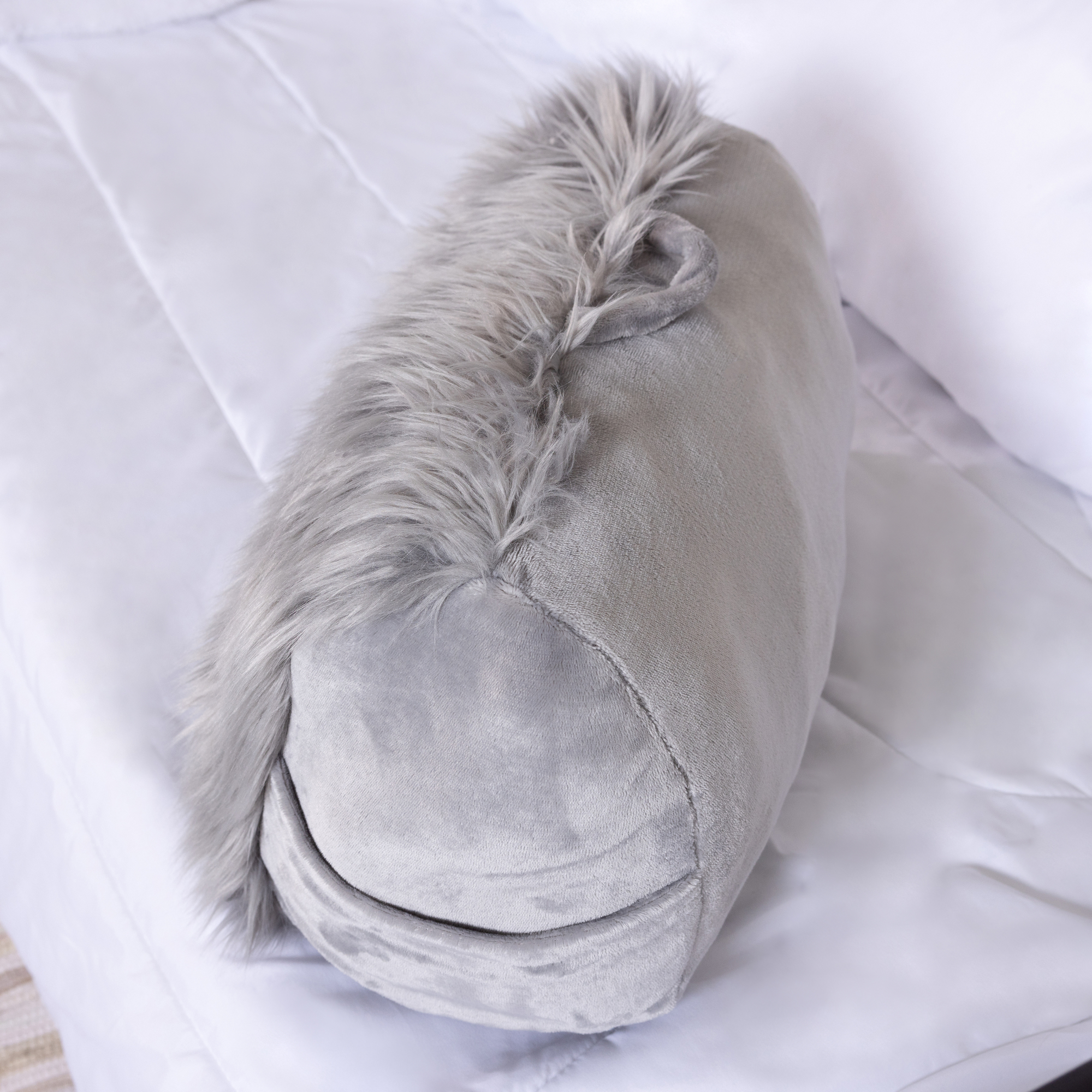 Faux Fur Wedge Pillow With Cellphone Pocket 21in
