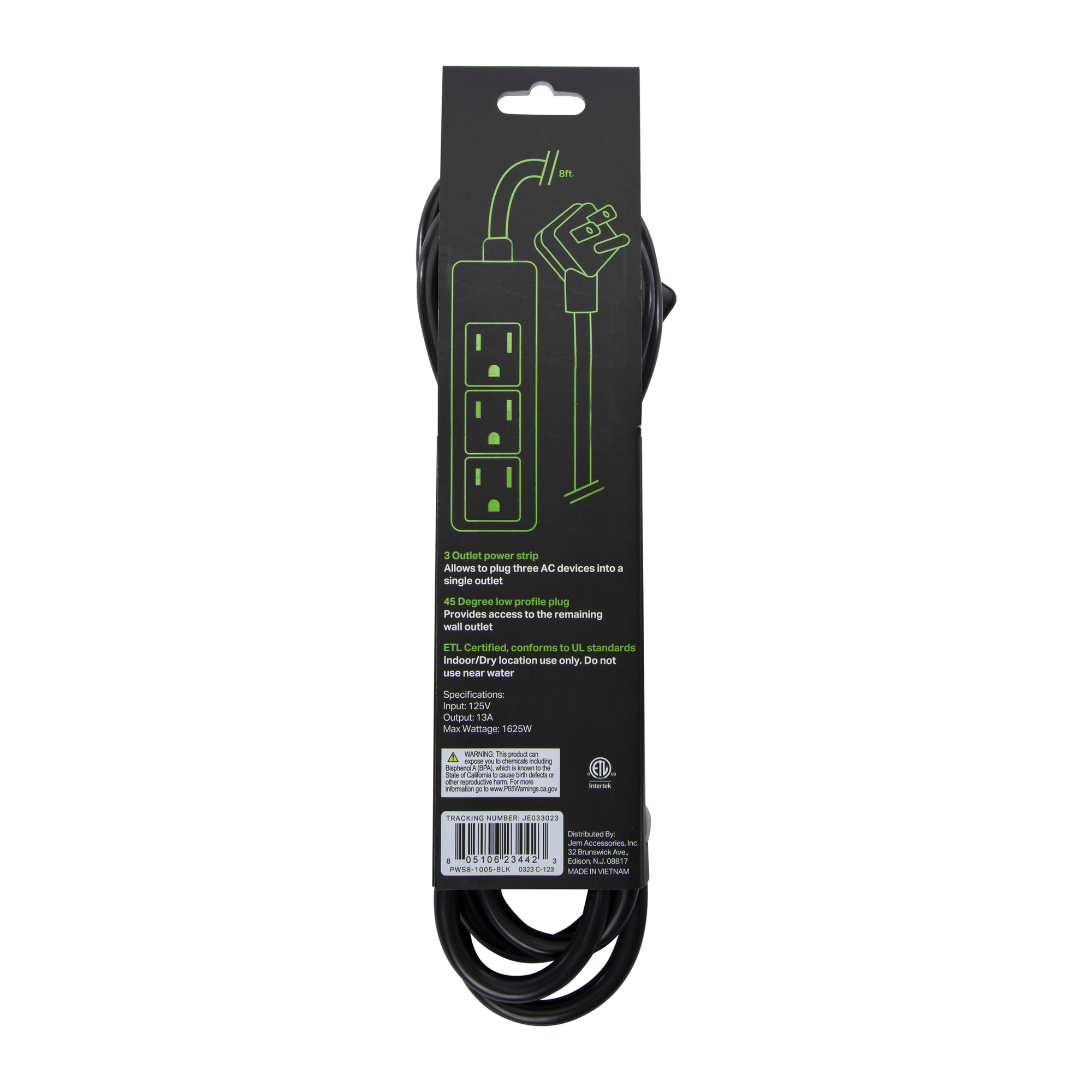 8ft Power Strip With 3 Outlets