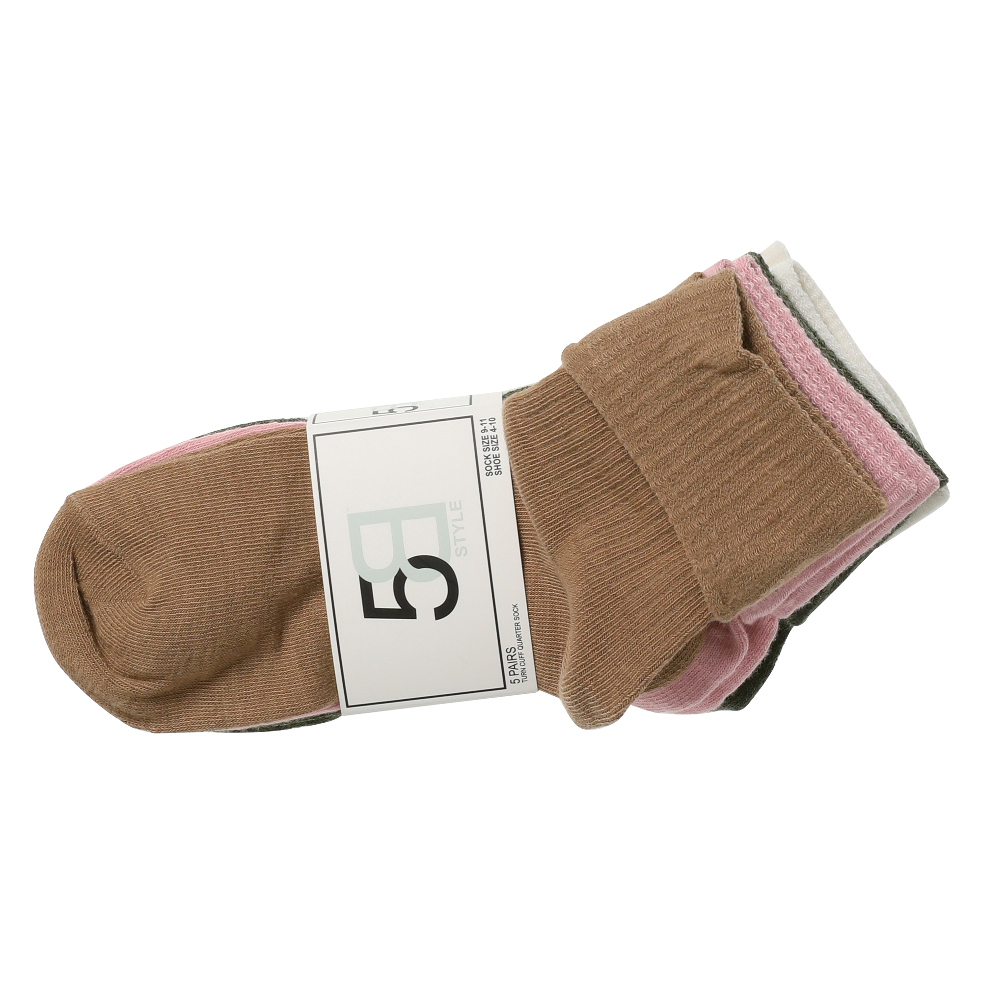 Ladies Tan Turn-Cuff Quarter Crew Socks 5-Pack