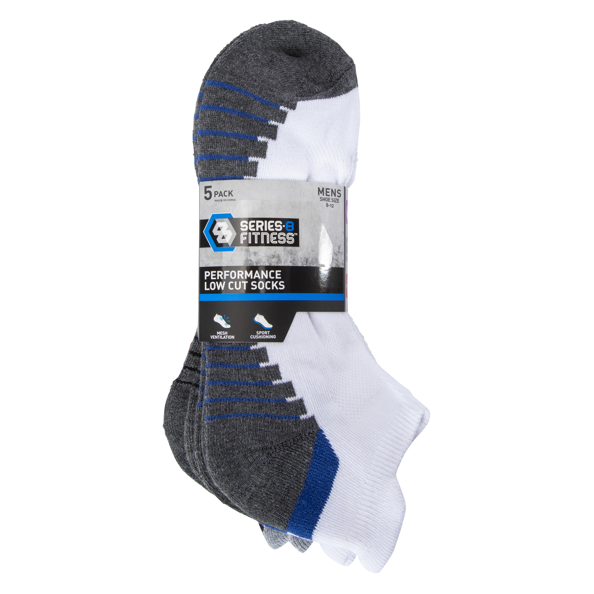 Series-8 Fitness™ Mens Low-Cut Performance Socks 5-Pack - Black & White