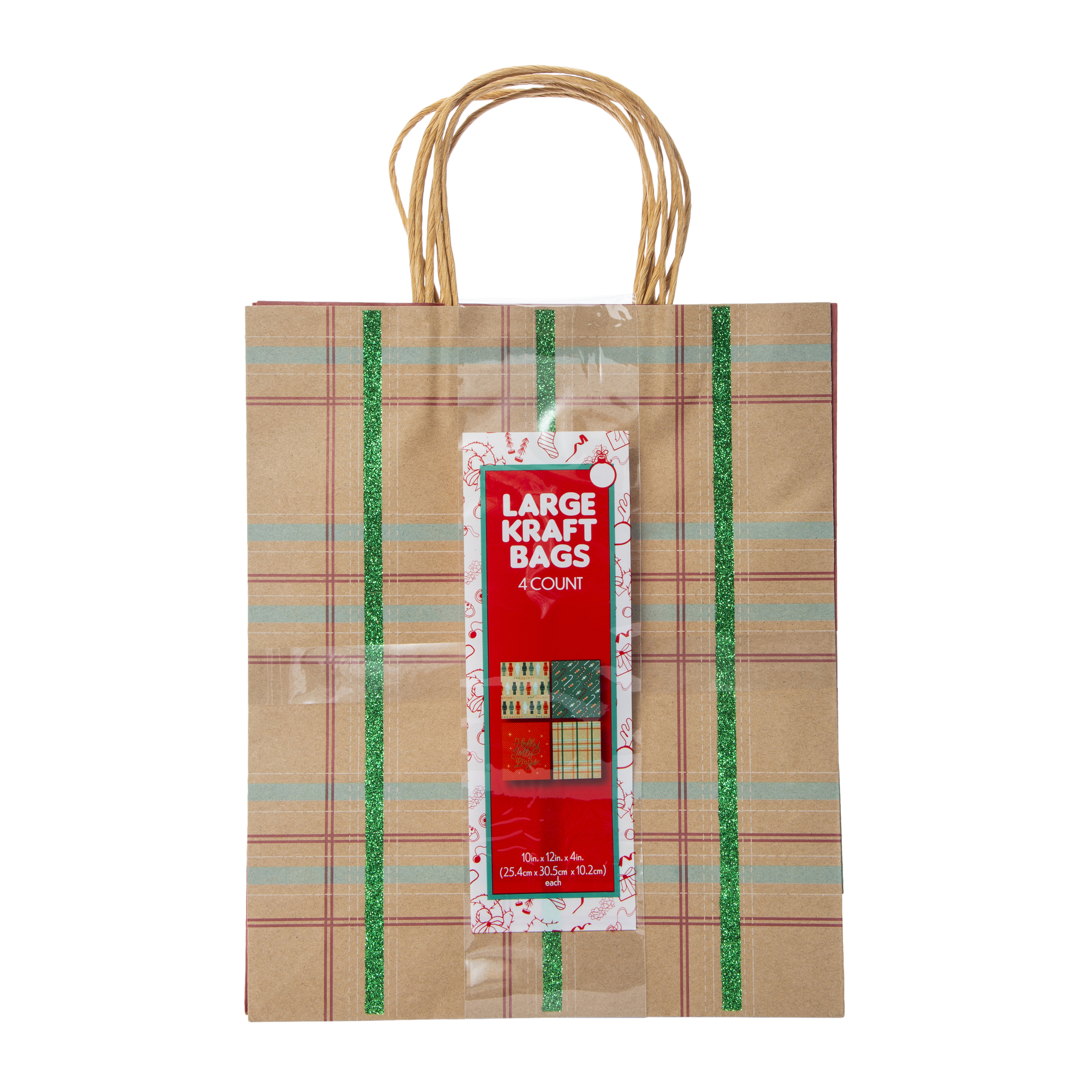 4-Pack Large Holiday Kraft Gift Bags 10in x 12in