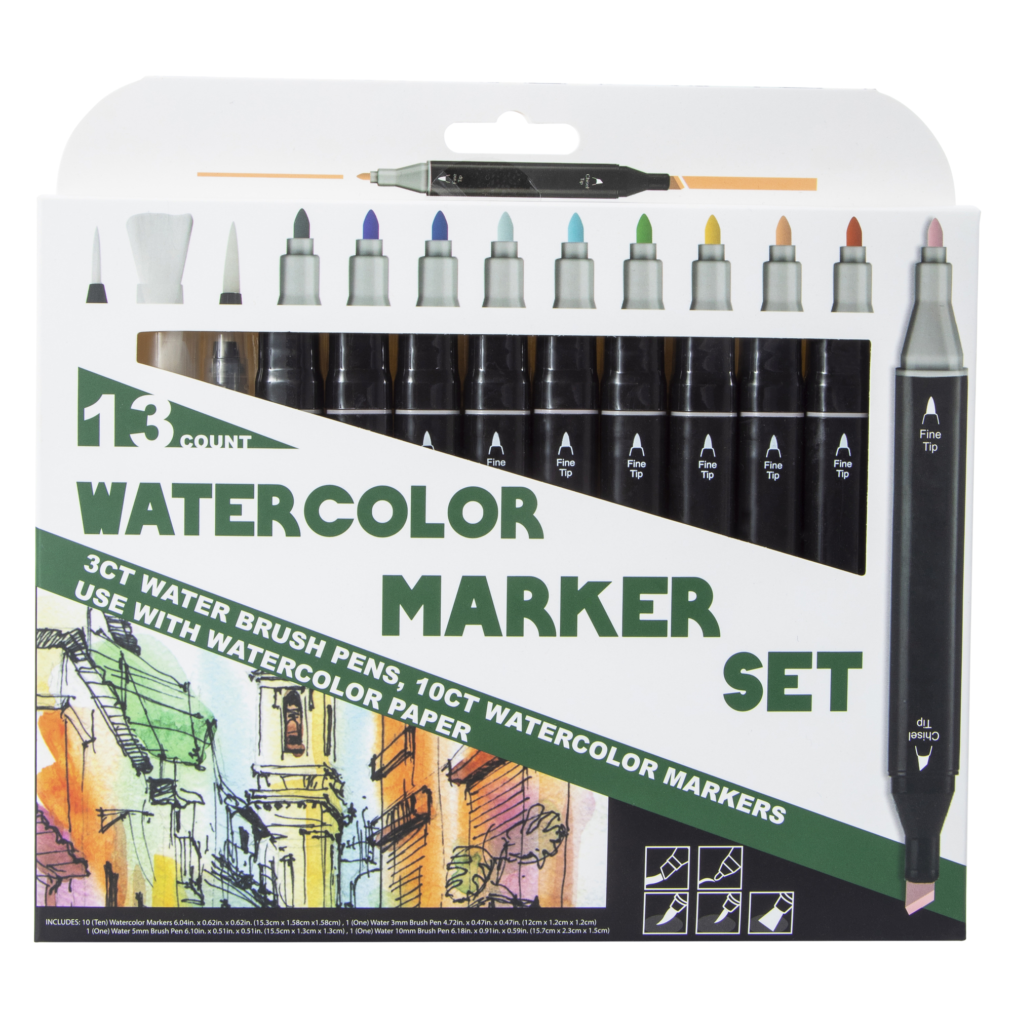 Dual-Tip Watercolor Marker Drawing Set 13-Count