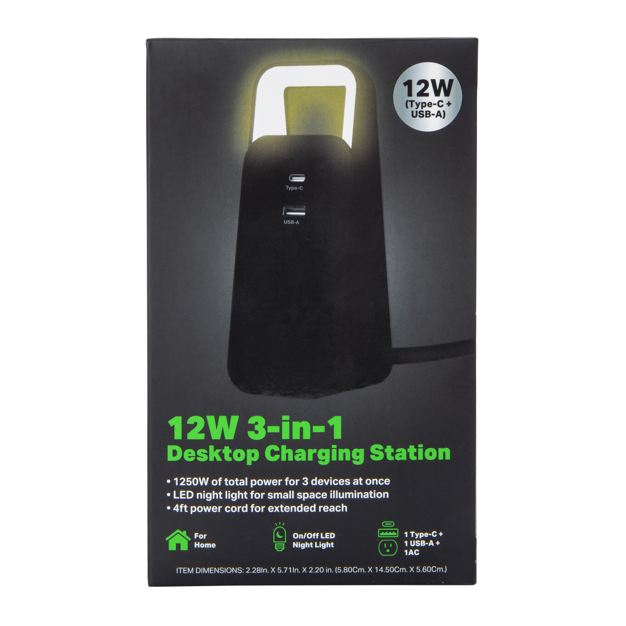 12W 3-In-1 Desktop Charging Station With Light - Black