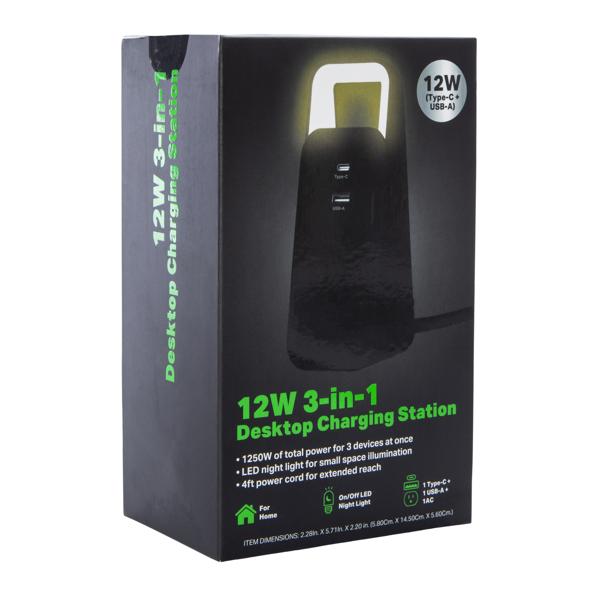 12W 3-In-1 Desktop Charging Station With Light - Black