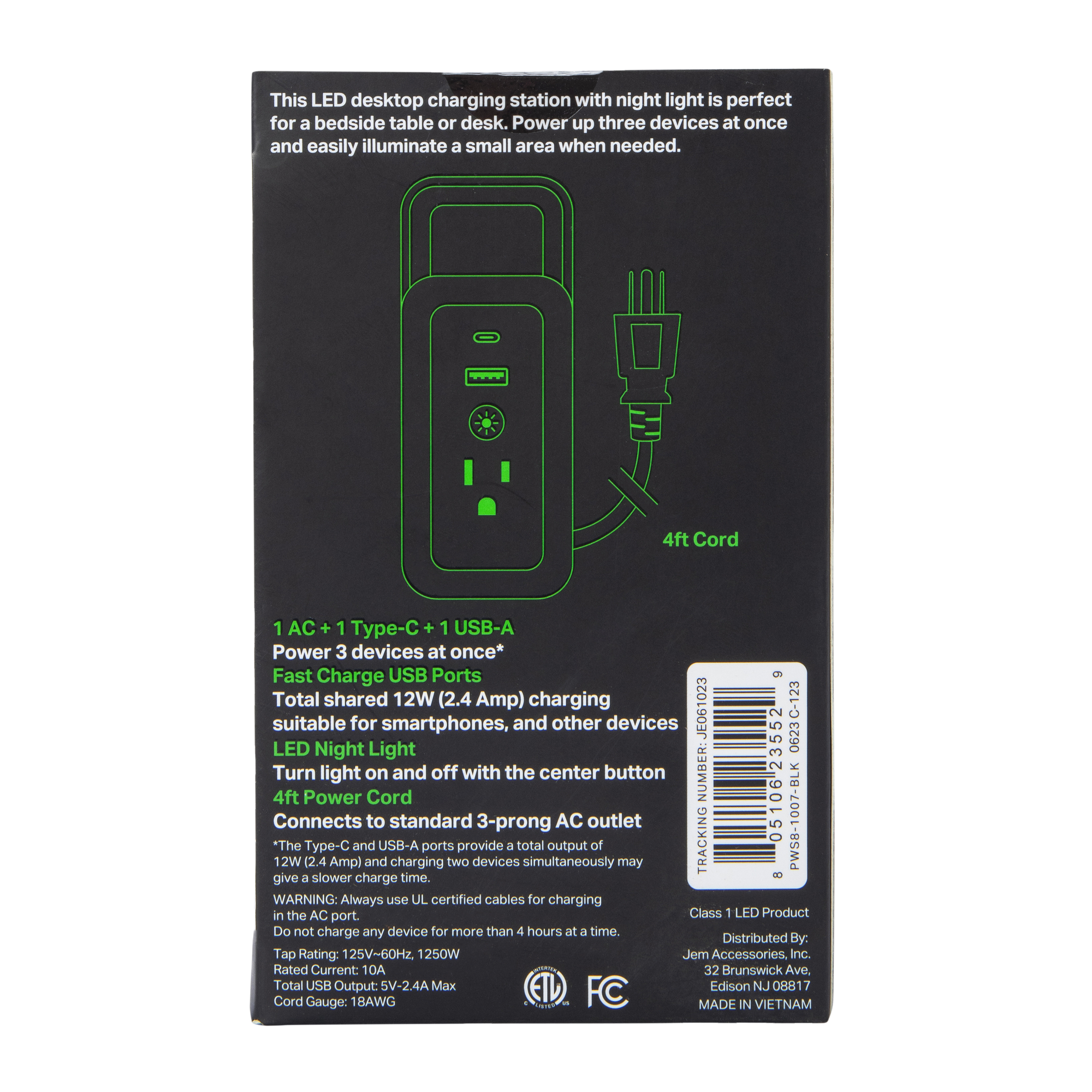 12W 3-In-1 Desktop Charging Station With Light - Black