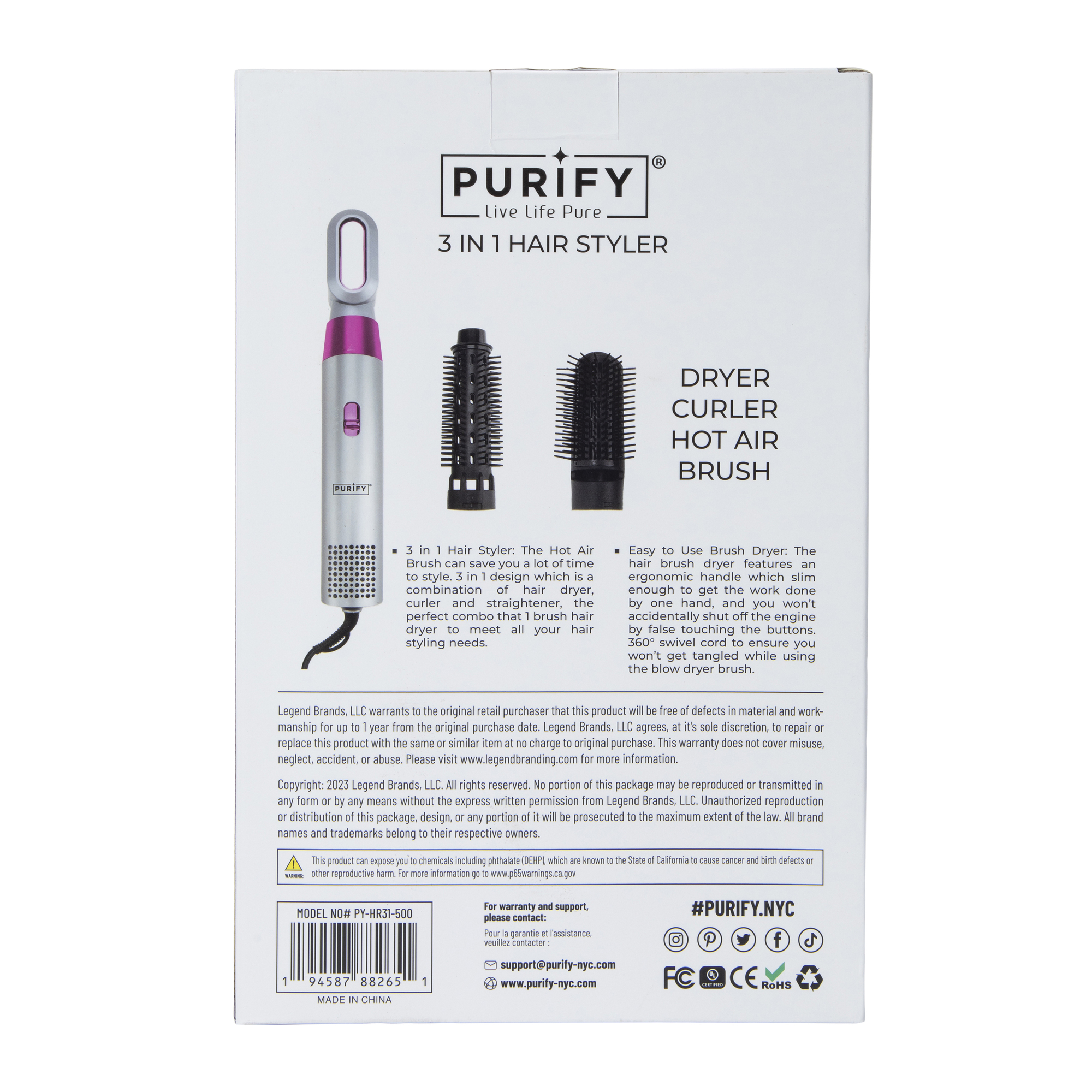 Purify® 3 in 1 Hair Styler: Dryer, Curler, Hot Air Brush